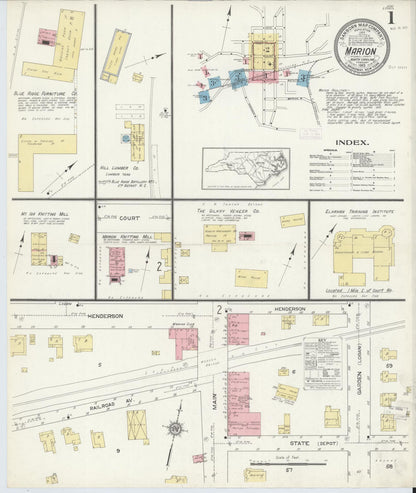 Sanborn Fire Insurance Map from Marion, Mcdowell County, North Carolina (1913), Sheet #0001 - Complete Map Set gallery image, historic Sanborn map, vintage wall art, North Carolina North Carolina