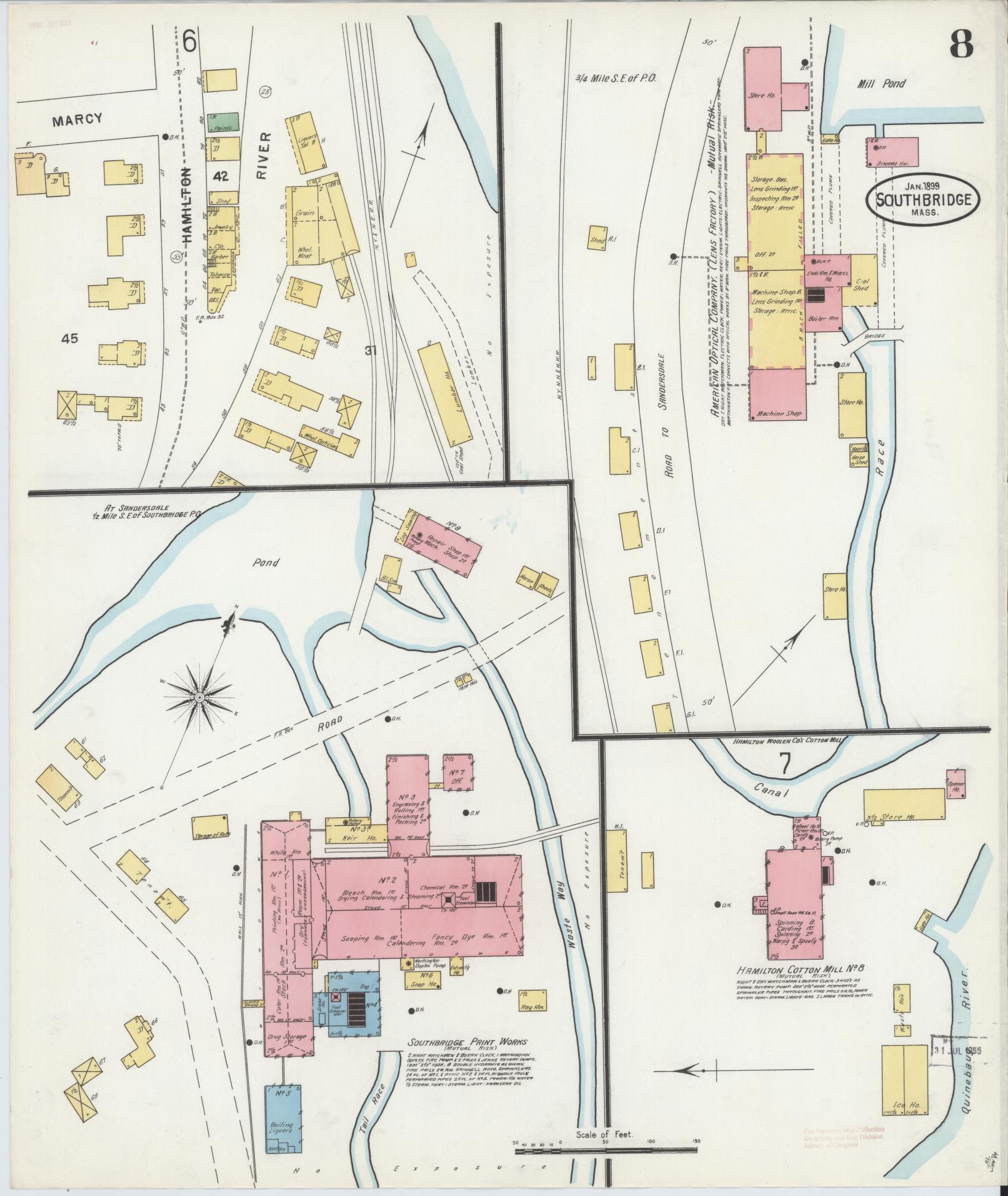 Sanborn Fire Insurance Map from Southbridge, Worcester County, Massachusetts (1899), Sheet #0008 - Historic Sanborn Fire Insurance Map Print, vintage old map wall art, antique decor, genealogy gift, Massachusetts Massachusetts map