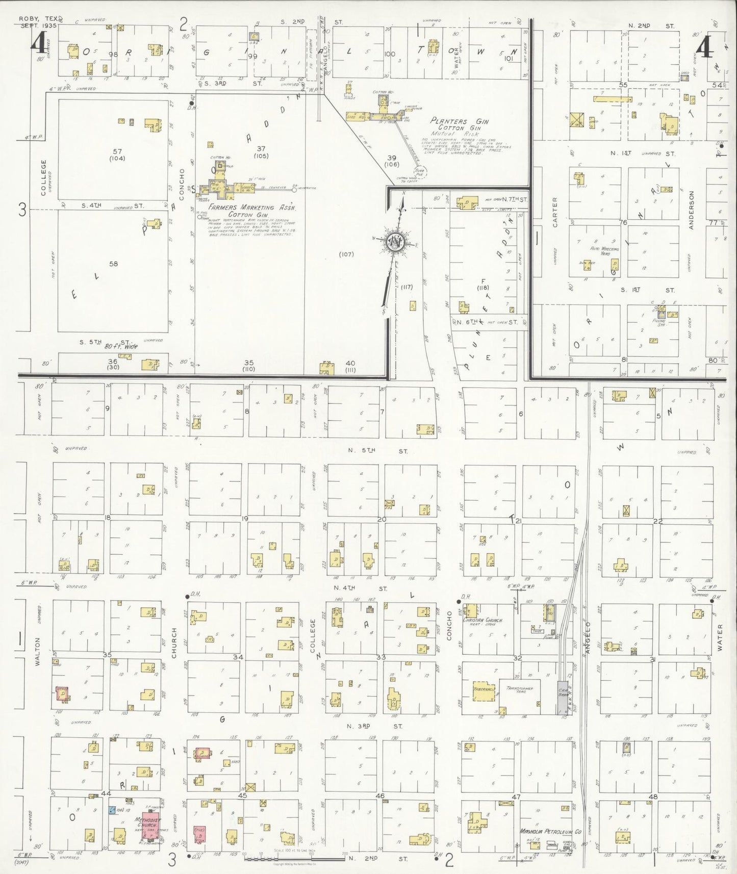 Sanborn Fire Insurance Map from Roby, Fisher County, Texas (1935), Sheet #0004 - Historic Sanborn Fire Insurance Map Print, vintage old map wall art, antique decor, genealogy gift, Texas Texas map