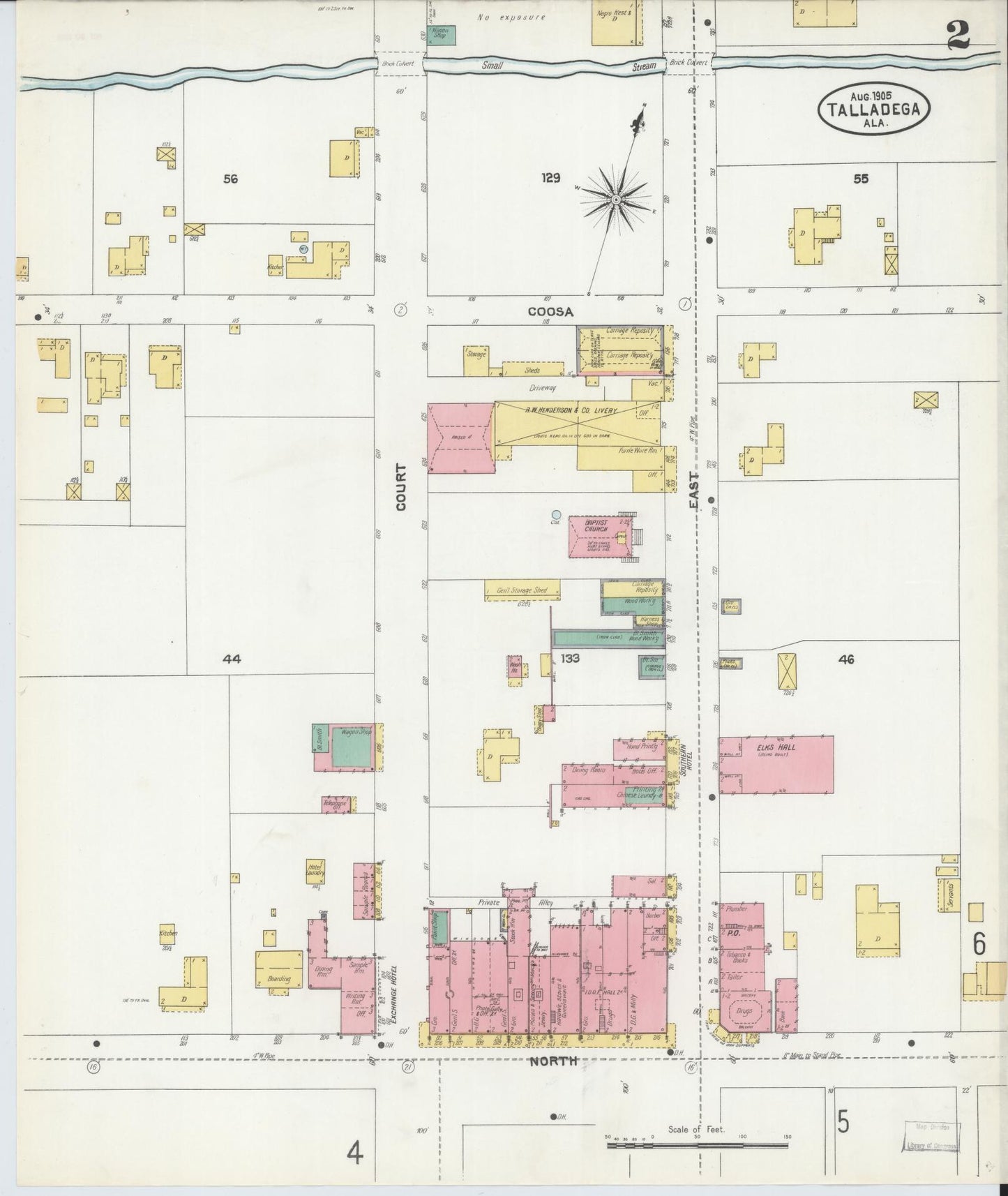 Sanborn Fire Insurance Map from Talladega, Talladega County, Alabama (1905), Sheet #0002 - Complete Map Set gallery image, historic Sanborn map, vintage wall art, Alabama Alabama