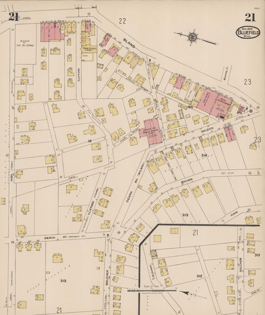 Sanborn Fire Insurance Map from Bluefield, Mercer County, West Virginia (1922), Sheet #0021 - Historic Sanborn Fire Insurance Map Print, vintage old map wall art, antique decor, genealogy gift, West Virginia West Virginia map