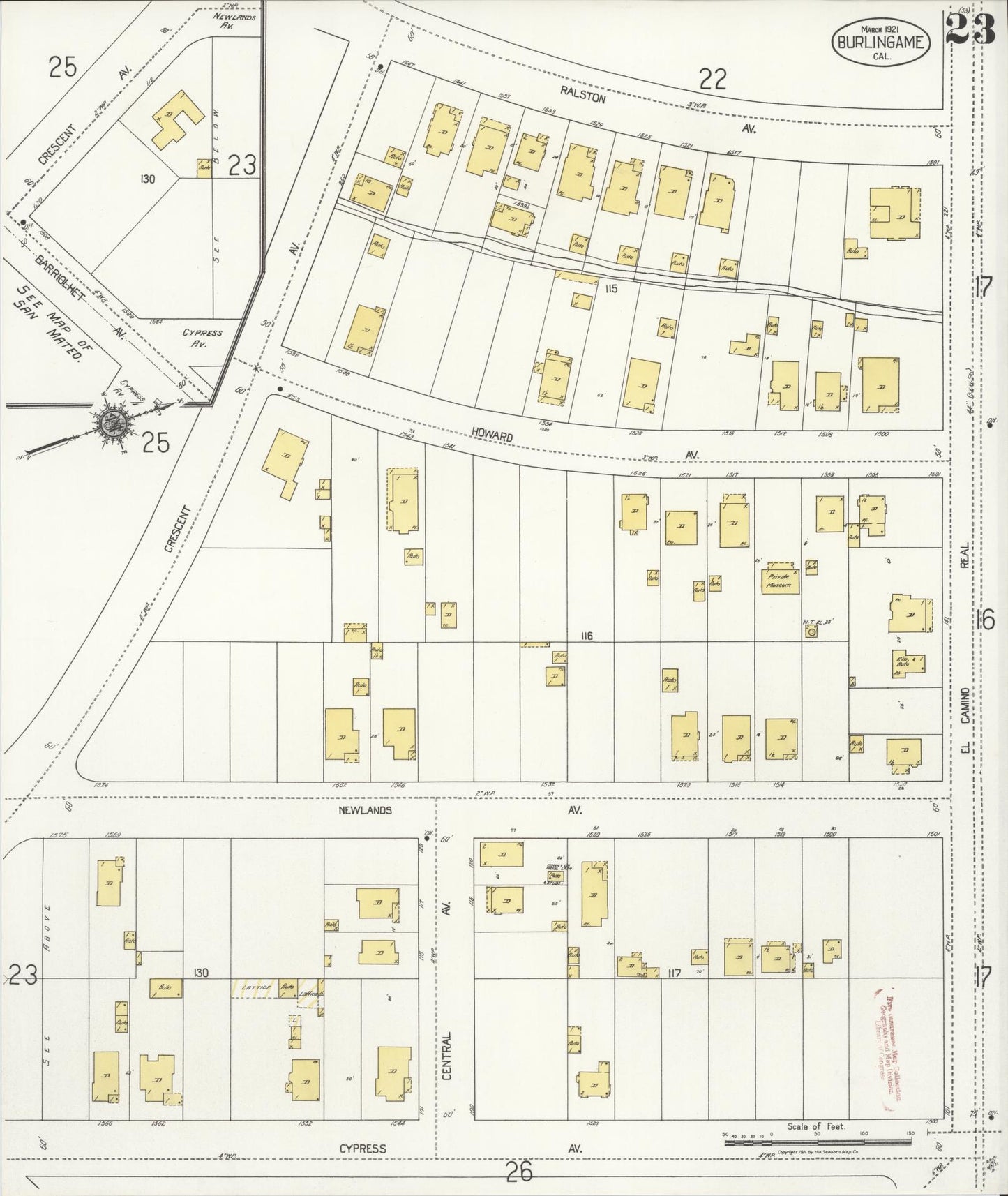 Sanborn Fire Insurance Map from Burlingame, San Mateo County, California (1921), Sheet #0023 - Complete Map Set gallery image, historic Sanborn map, vintage wall art, California California