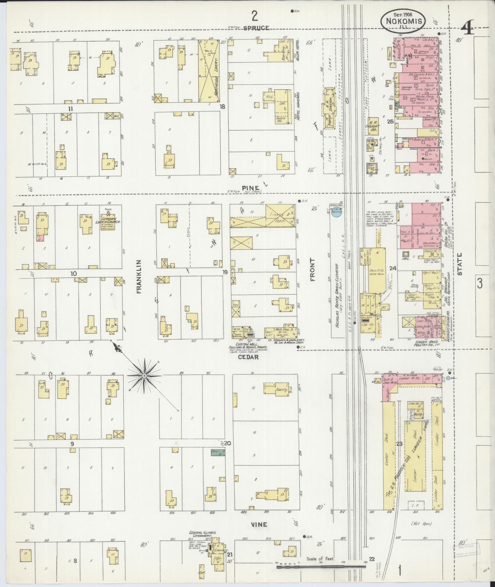 Sanborn Fire Insurance Map from Nokomis, Montgomery County, Illinois (1906), Sheet #0004 - Historic Sanborn Fire Insurance Map Print, vintage old map wall art, antique decor, genealogy gift, Illinois Illinois map