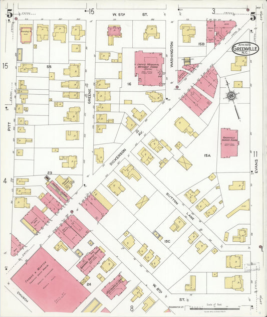 Sanborn Fire Insurance Map from Greenville, Pitt County, North Carolina (1923), Sheet #0005 - Historic Sanborn Fire Insurance Map Print, vintage old map wall art, antique decor, genealogy gift, North Carolina North Carolina map
