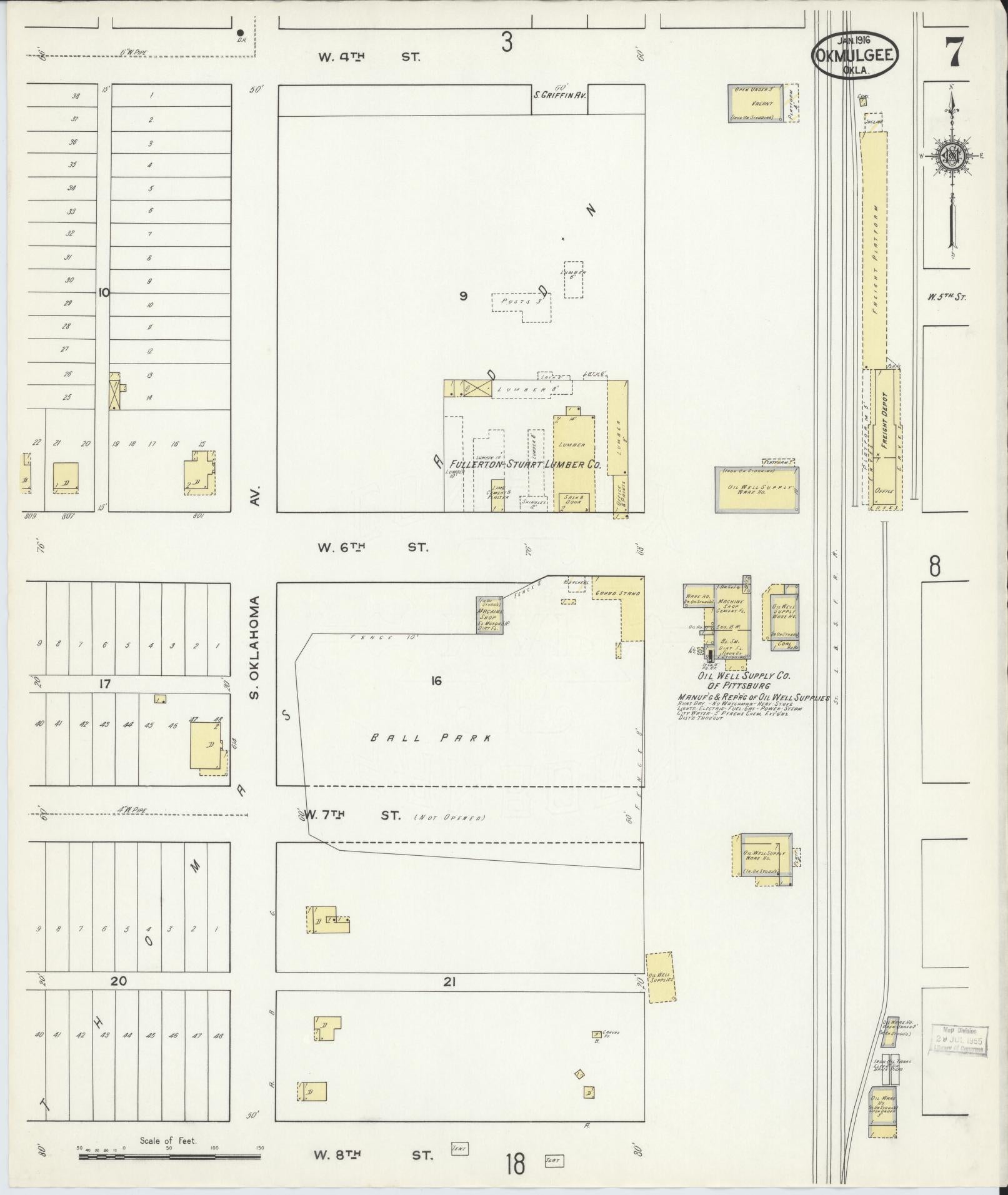 Sanborn Fire Insurance Map from Okmulgee, Okmulgee County, Oklahoma (1916), Sheet #0007 - Complete Map Set gallery image, historic Sanborn map, vintage wall art, Oklahoma Oklahoma
