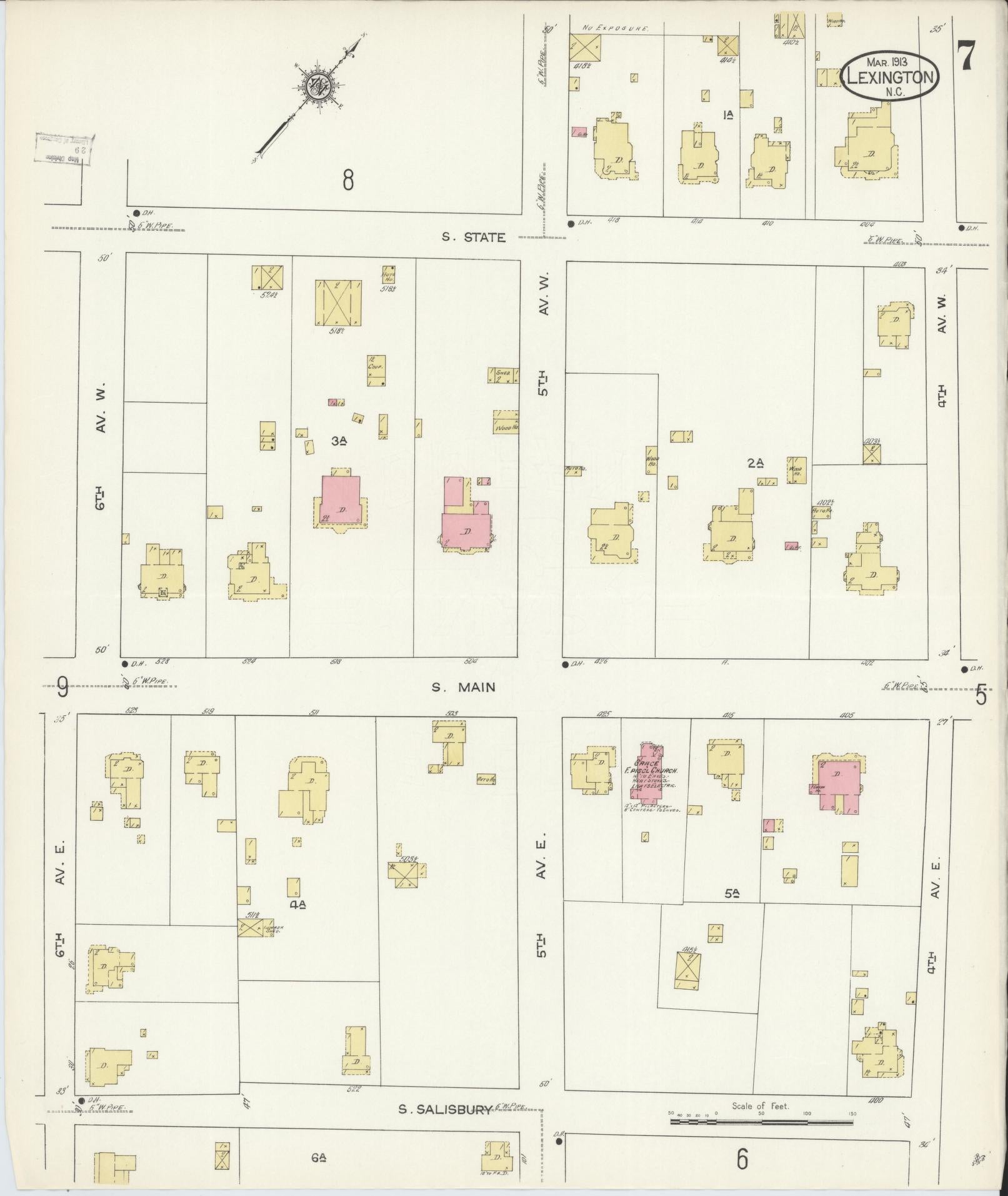 Sanborn Fire Insurance Map from Lexington, Davidson County, North Carolina (1913), Sheet #0007 - Historic Sanborn Fire Insurance Map Print, vintage old map wall art, antique decor, genealogy gift, North Carolina North Carolina map