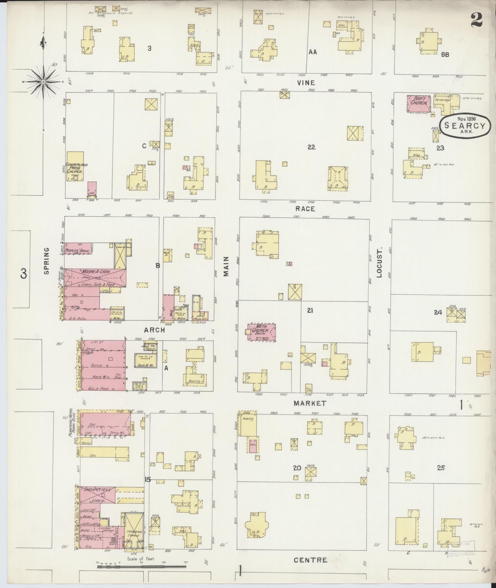 Sanborn Fire Insurance Map from Searcy, White County, Arkansas (1896), Sheet #0002 - Complete Map Set gallery image, historic Sanborn map, vintage wall art, Arkansas Arkansas