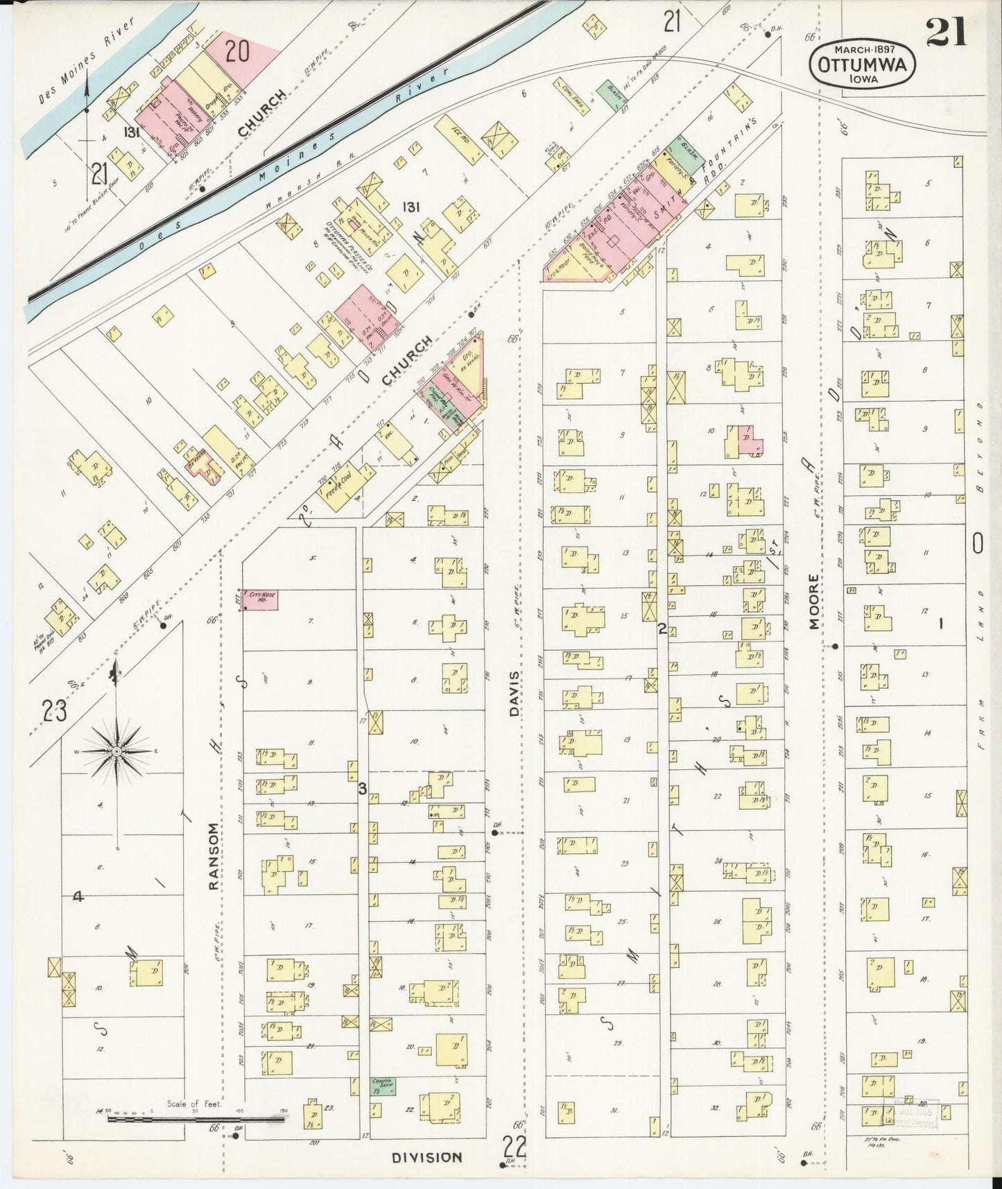Sanborn Fire Insurance Map from Ottumwa, Wapello County, Iowa (1897), Sheet #0021 - Historic Sanborn Fire Insurance Map Print, vintage old map wall art