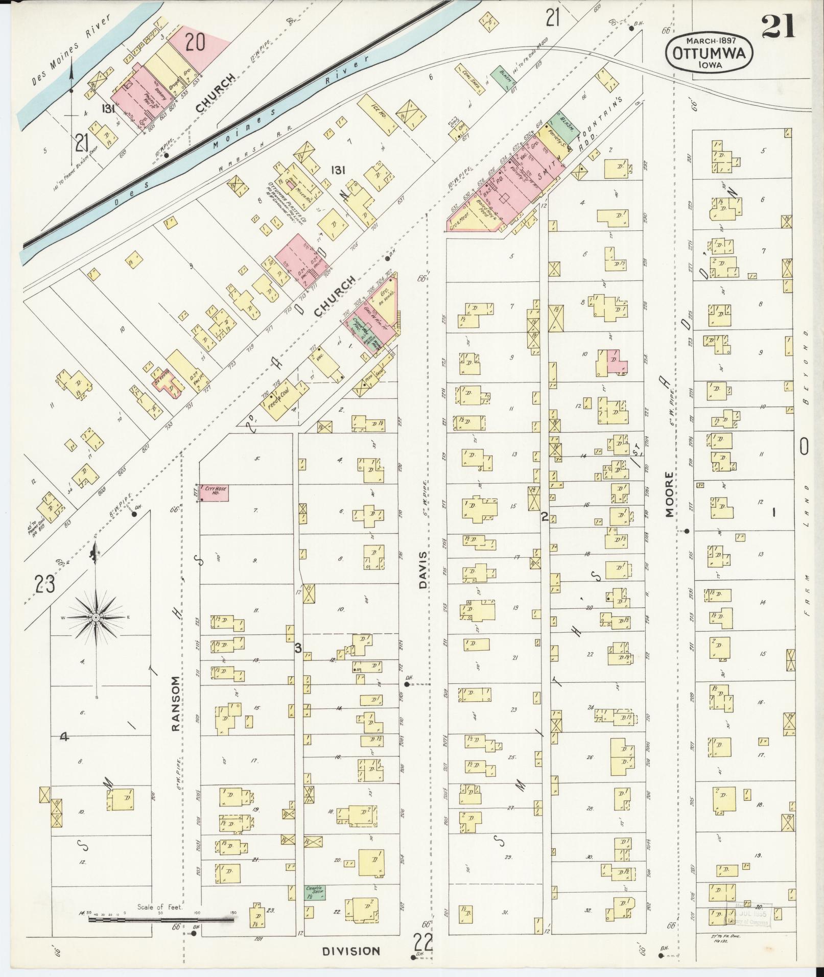Sanborn Fire Insurance Map from Ottumwa, Wapello County, Iowa (1897), Sheet #0021 - Historic Sanborn Fire Insurance Map Print, vintage old map wall art