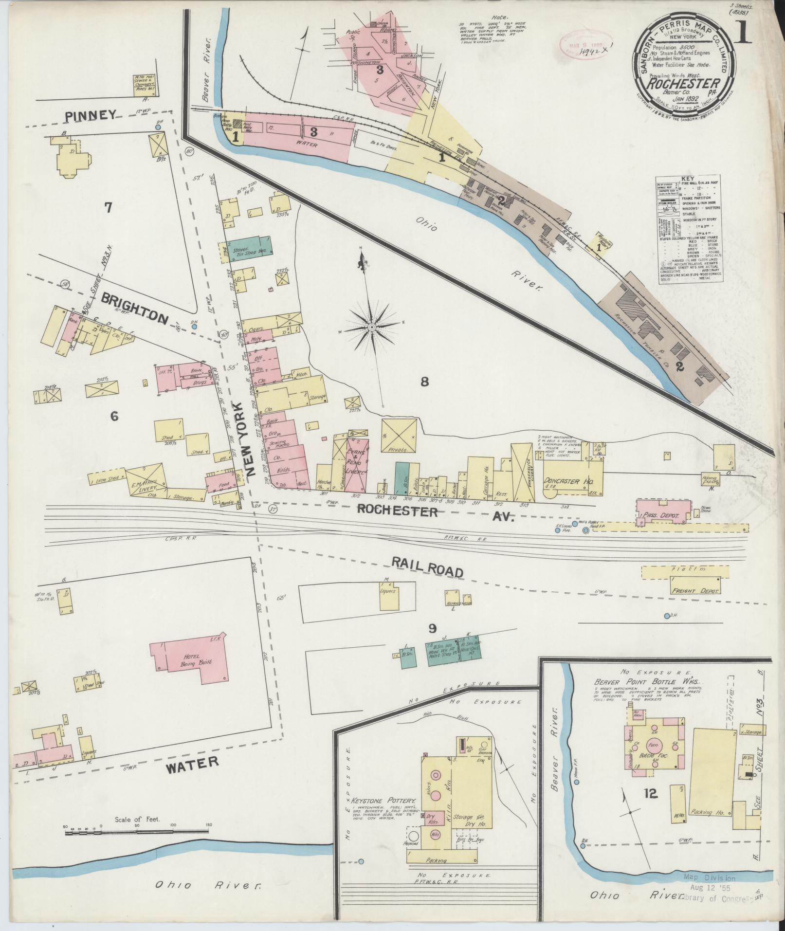 Sanborn Fire Insurance Map from Rochester, Beaver County, Pennsylvania (1892), Sheet #0001 - Complete Map Set gallery image, historic Sanborn map, vintage wall art, Pennsylvania Pennsylvania