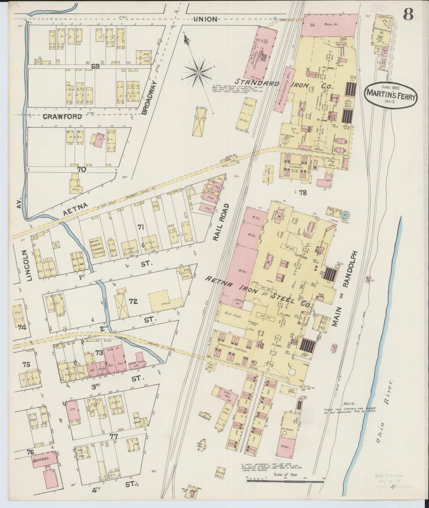 Sanborn Fire Insurance Map from Martins Ferry, Belmont County, Ohio (1890), Sheet #0008 - Historic Sanborn Fire Insurance Map Print, vintage old map wall art, antique decor, genealogy gift, Ohio Ohio map