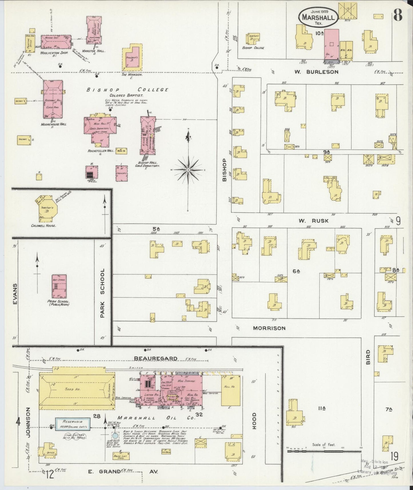 Sanborn Fire Insurance Map from Marshall, Harrison County, Texas (1909), Sheet #0008 - Complete Map Set gallery image, historic Sanborn map, vintage wall art, Texas Texas