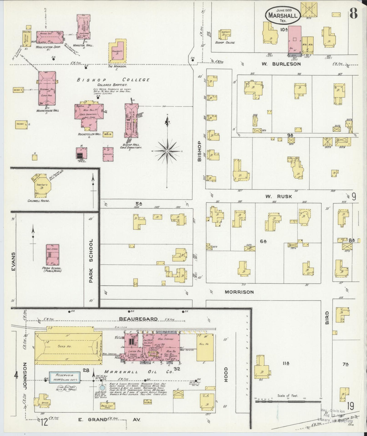 Sanborn Fire Insurance Map from Marshall, Harrison County, Texas (1909), Sheet #0008 - Complete Map Set gallery image, historic Sanborn map, vintage wall art, Texas Texas