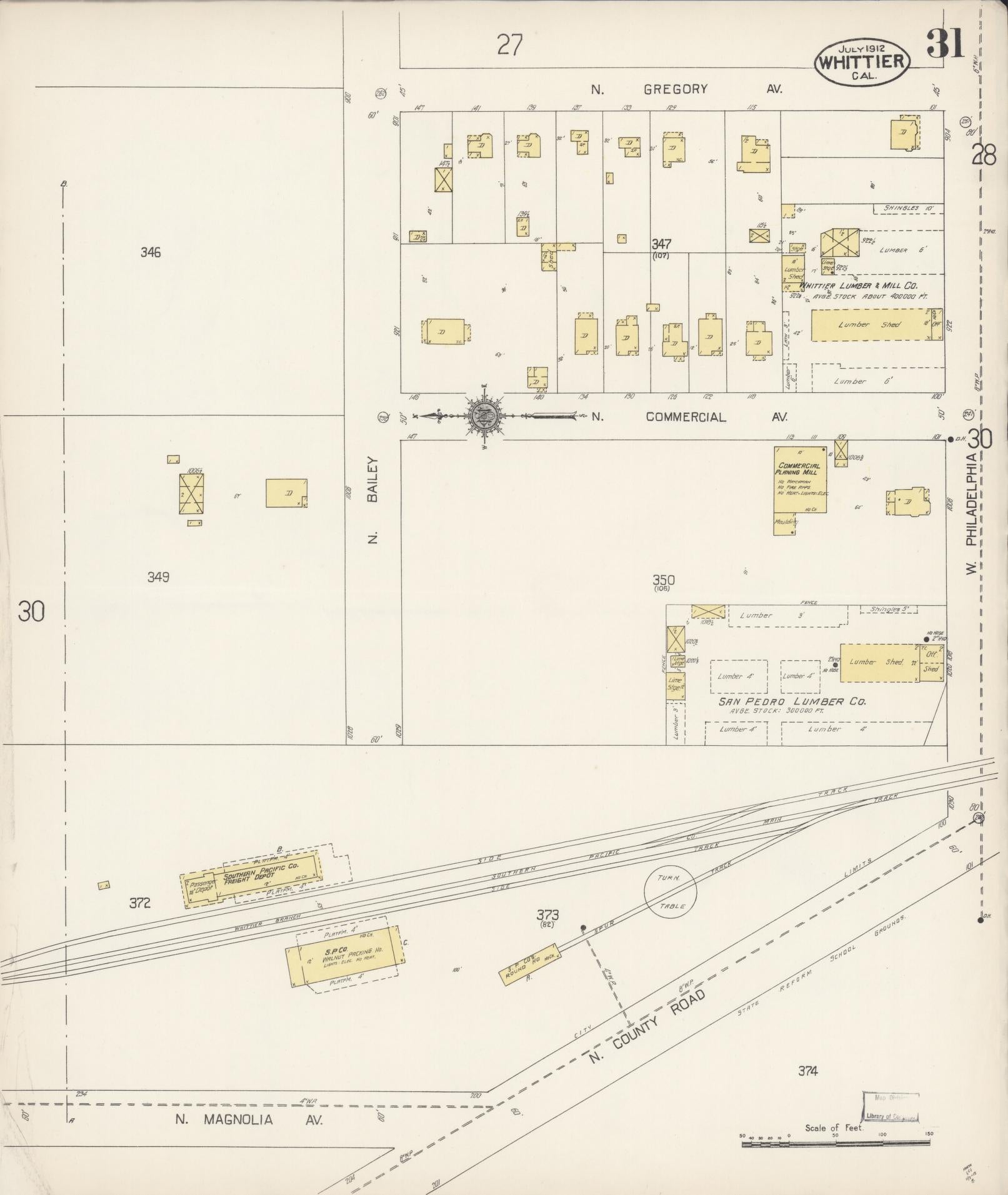 Sanborn Fire Insurance Map from Whittier, Los Angeles County, California (1912), Sheet #0031 - Complete Map Set gallery image, historic Sanborn map, vintage wall art, California California
