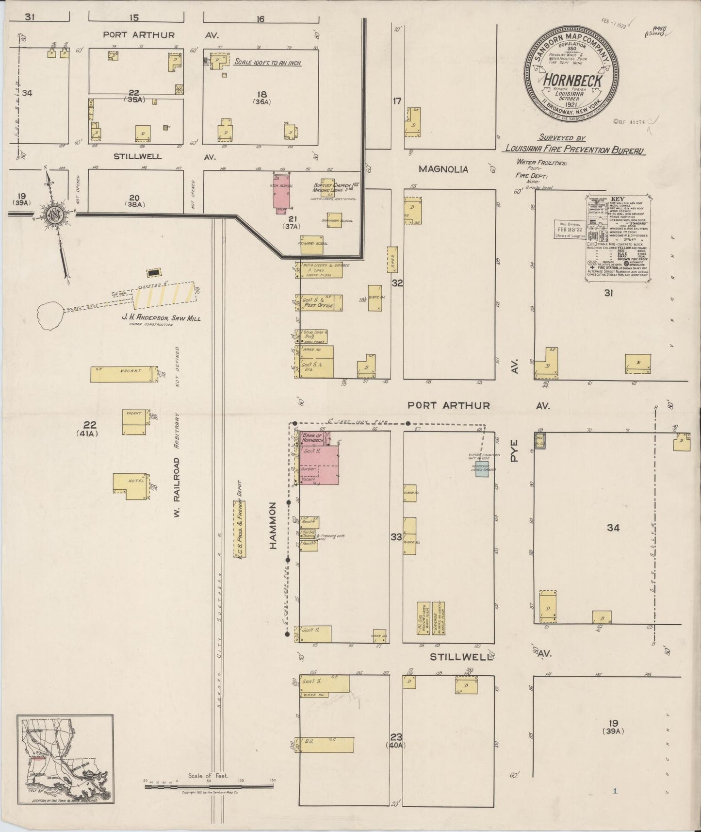Sanborn Fire Insurance Map from Hornbeck, Vernon Parish, Louisiana (1921), Sheet #0001 - Historic Sanborn Fire Insurance Map Print, vintage old map wall art, antique decor, genealogy gift, Louisiana Louisiana map