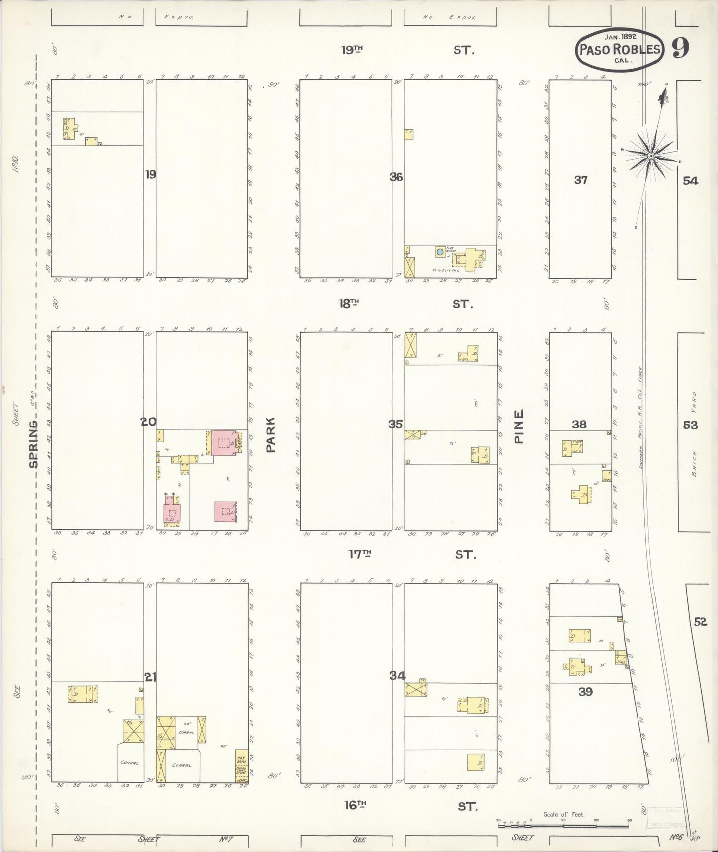 Sanborn Fire Insurance Map from Paso Robles, San Luis Obispo County, California (1892), Sheet #0009 - Complete Map Set gallery image, historic Sanborn map, vintage wall art, California California