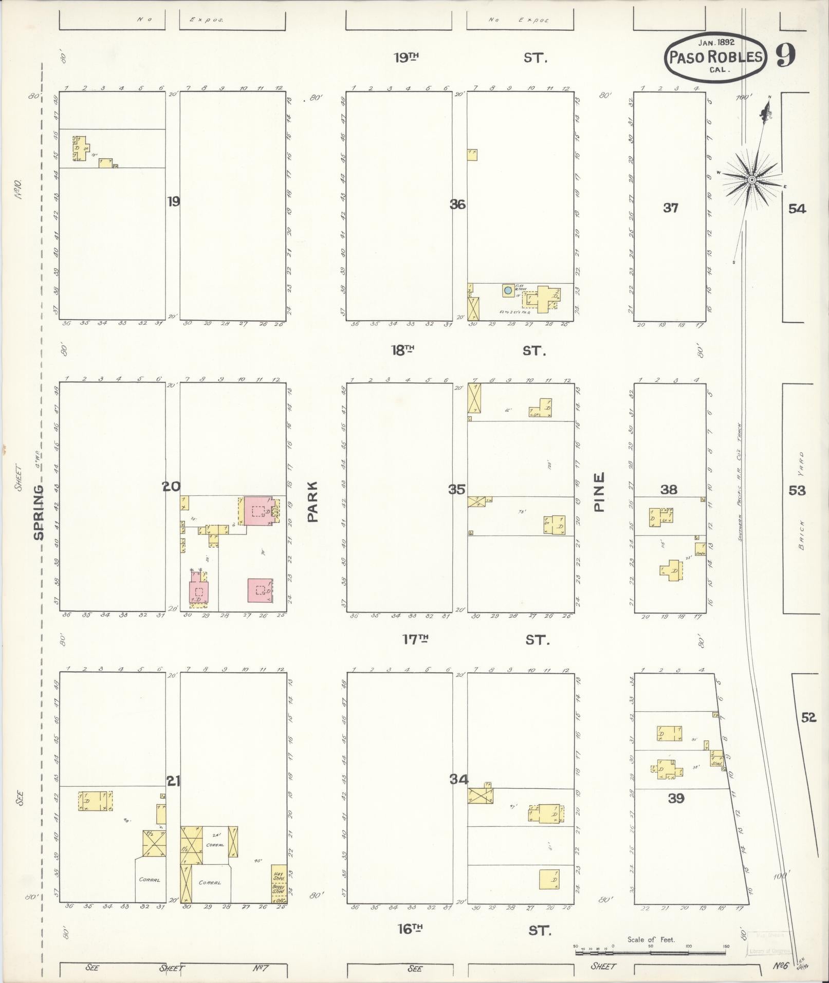Sanborn Fire Insurance Map from Paso Robles, San Luis Obispo County, California (1892), Sheet #0009 - Complete Map Set gallery image, historic Sanborn map, vintage wall art, California California