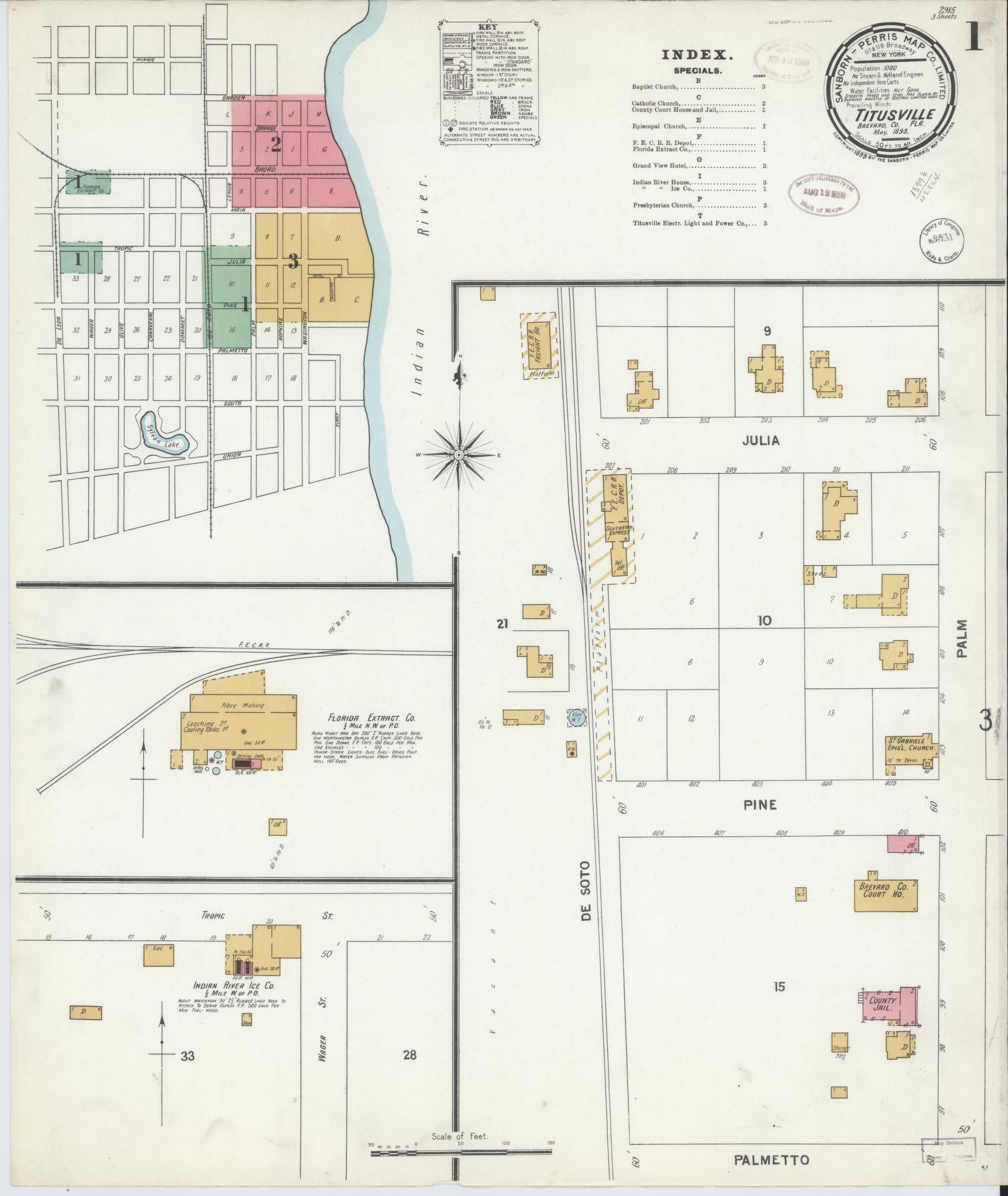 Sanborn Fire Insurance Map from Titusville, Brevard County, Florida (1899), Sheet #0001 - Historic Sanborn Fire Insurance Map Print, vintage old map wall art, antique decor, genealogy gift, Florida Florida map