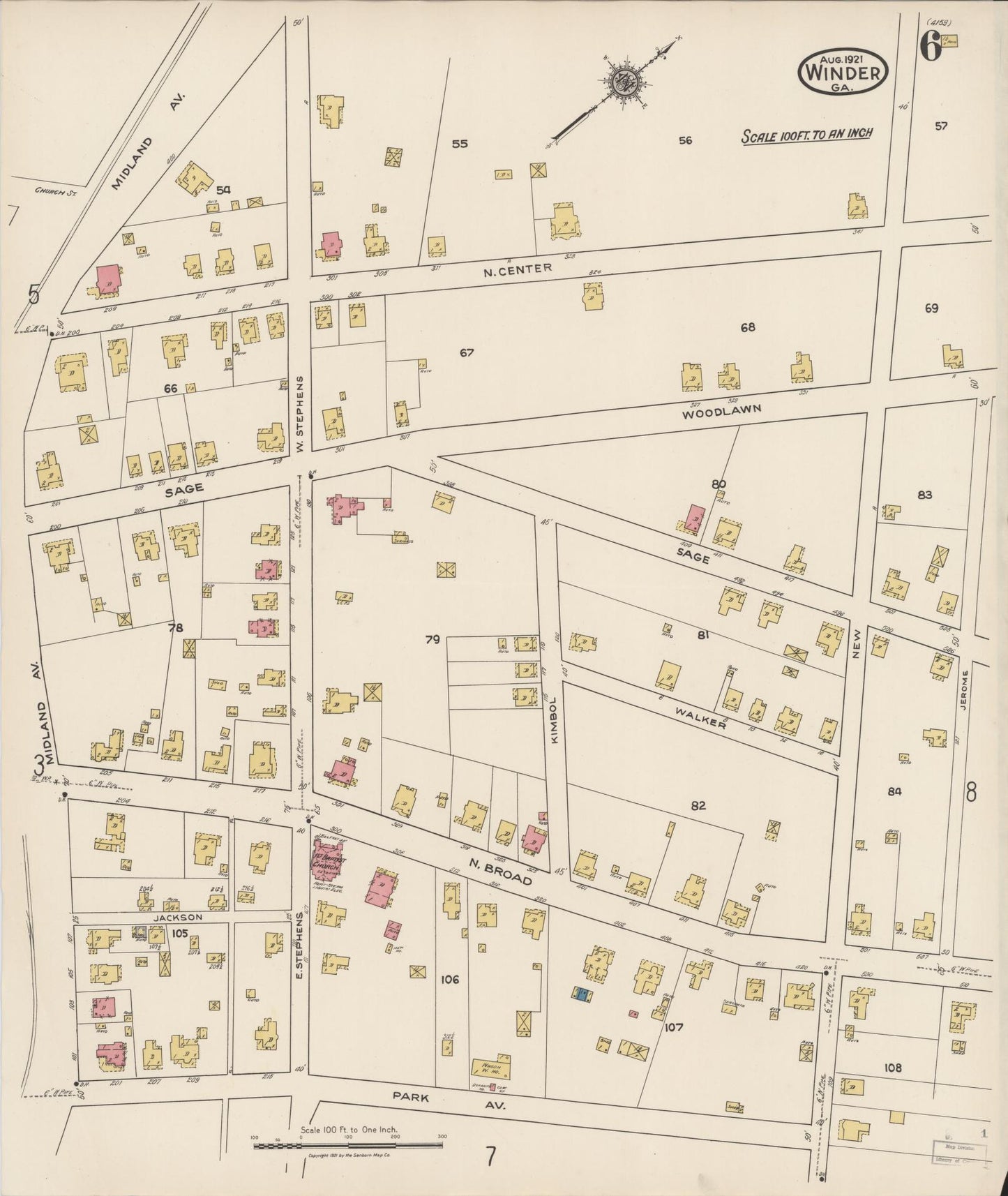 Sanborn Fire Insurance Map from Winder, Barrow County, Georgia (1921), Sheet #0006 - Complete Map Set gallery image, historic Sanborn map, vintage wall art, Georgia Georgia