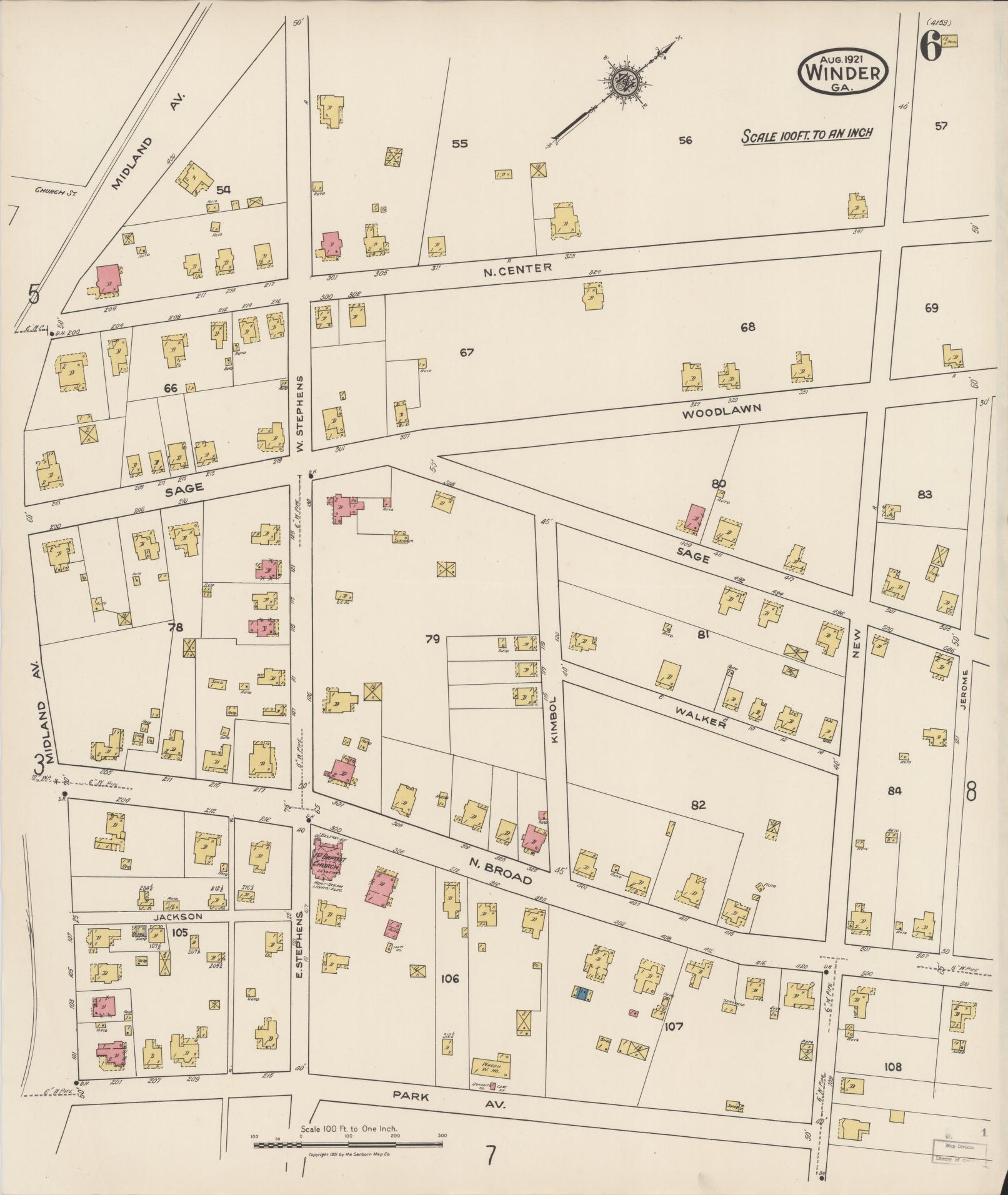 Sanborn Fire Insurance Map from Winder, Barrow County, Georgia (1921), Sheet #0006 - Complete Map Set gallery image, historic Sanborn map, vintage wall art, Georgia Georgia