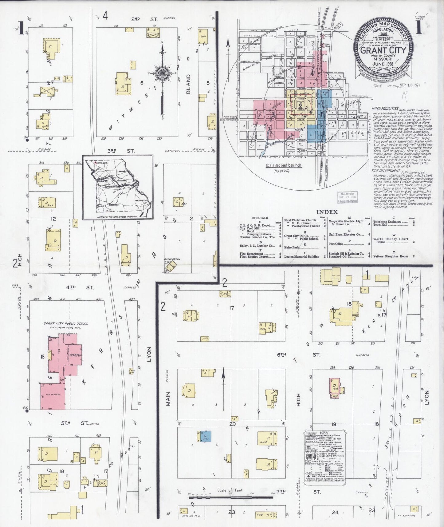 Sanborn Fire Insurance Map from Grant City, Worth County, Missouri (1928), Sheet #0001 - Complete Map Set gallery image, historic Sanborn map, vintage wall art, Missouri Missouri