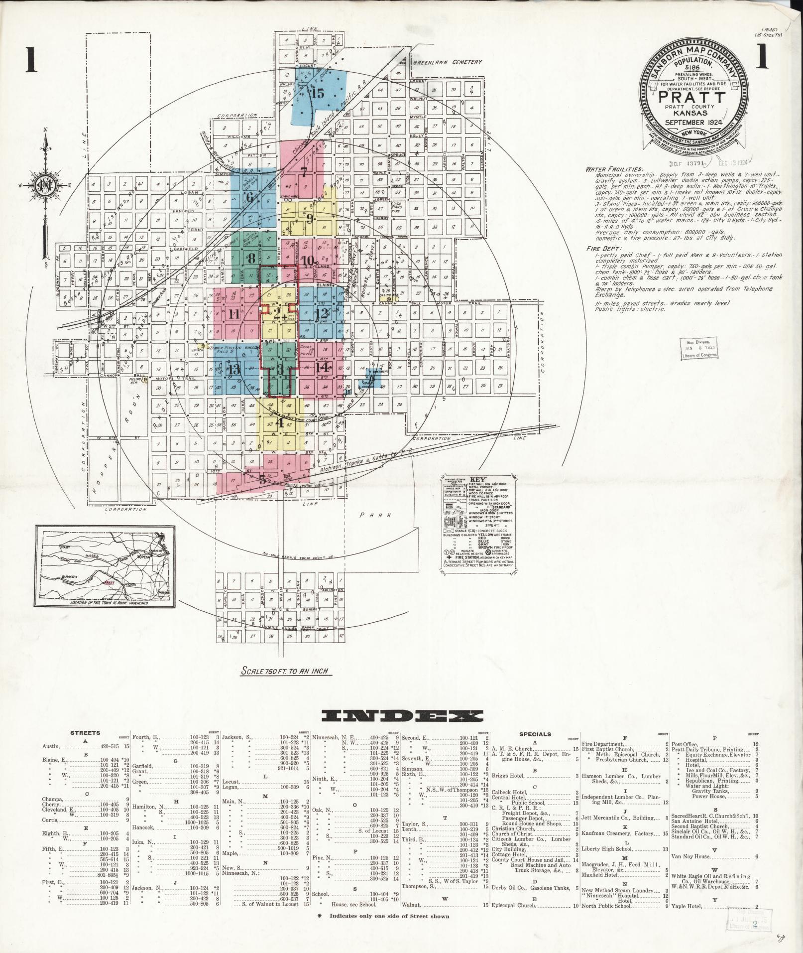 Sanborn Fire Insurance Map from Pratt, Pratt County, Kansas (1924), Sheet #0001 - Complete Map Set gallery image, historic Sanborn map, vintage wall art, Kansas Kansas