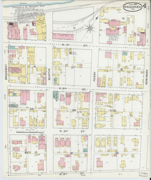Sanborn Fire Insurance Map from Vincennes, Knox County, Indiana (1892), Sheet #0004 - Historic Sanborn Fire Insurance Map Print, vintage old map wall art, antique decor, genealogy gift, Indiana Indiana map