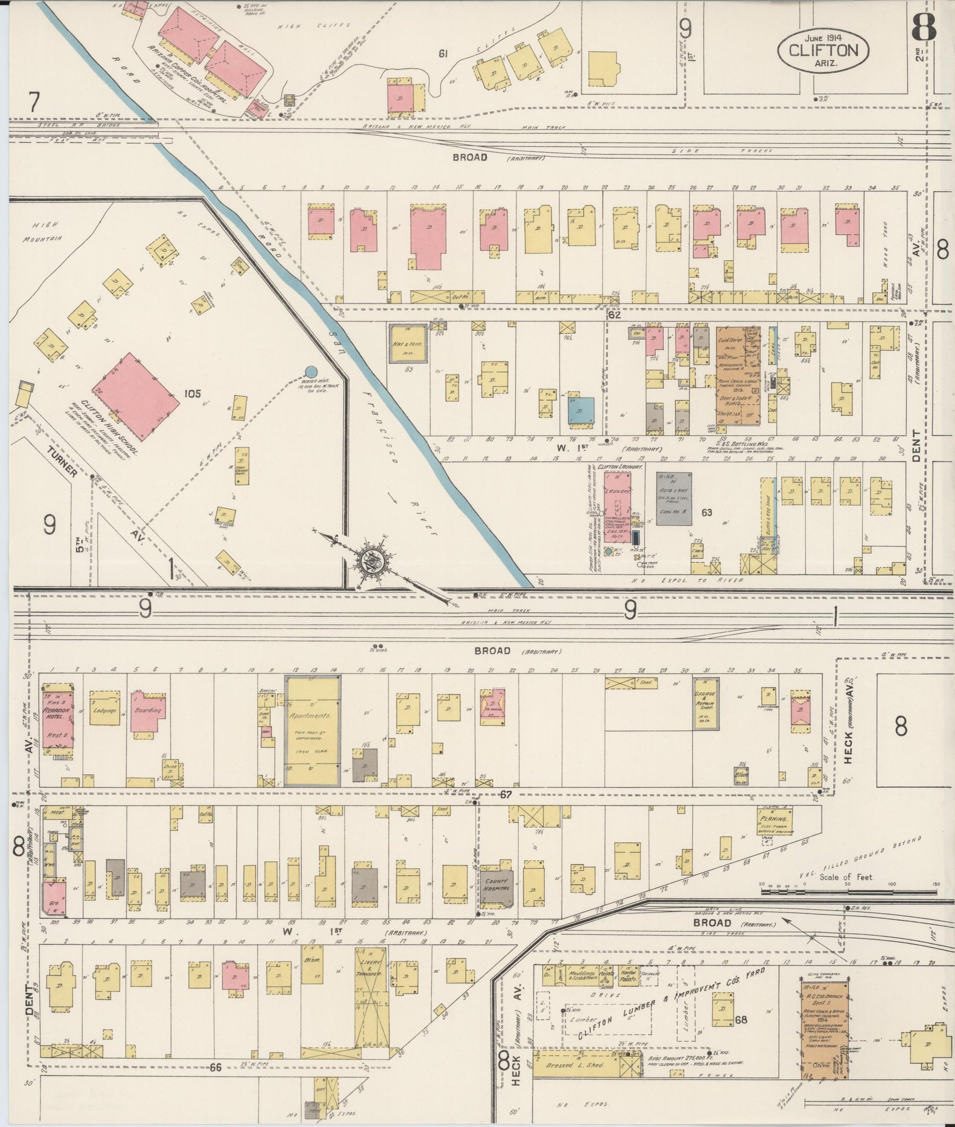 Sanborn Fire Insurance Map from Clifton, Greenlee County, Arizona (1914), Sheet #0008 - Historic Sanborn Fire Insurance Map Print, vintage old map wall art, antique decor, genealogy gift, Arizona Arizona map