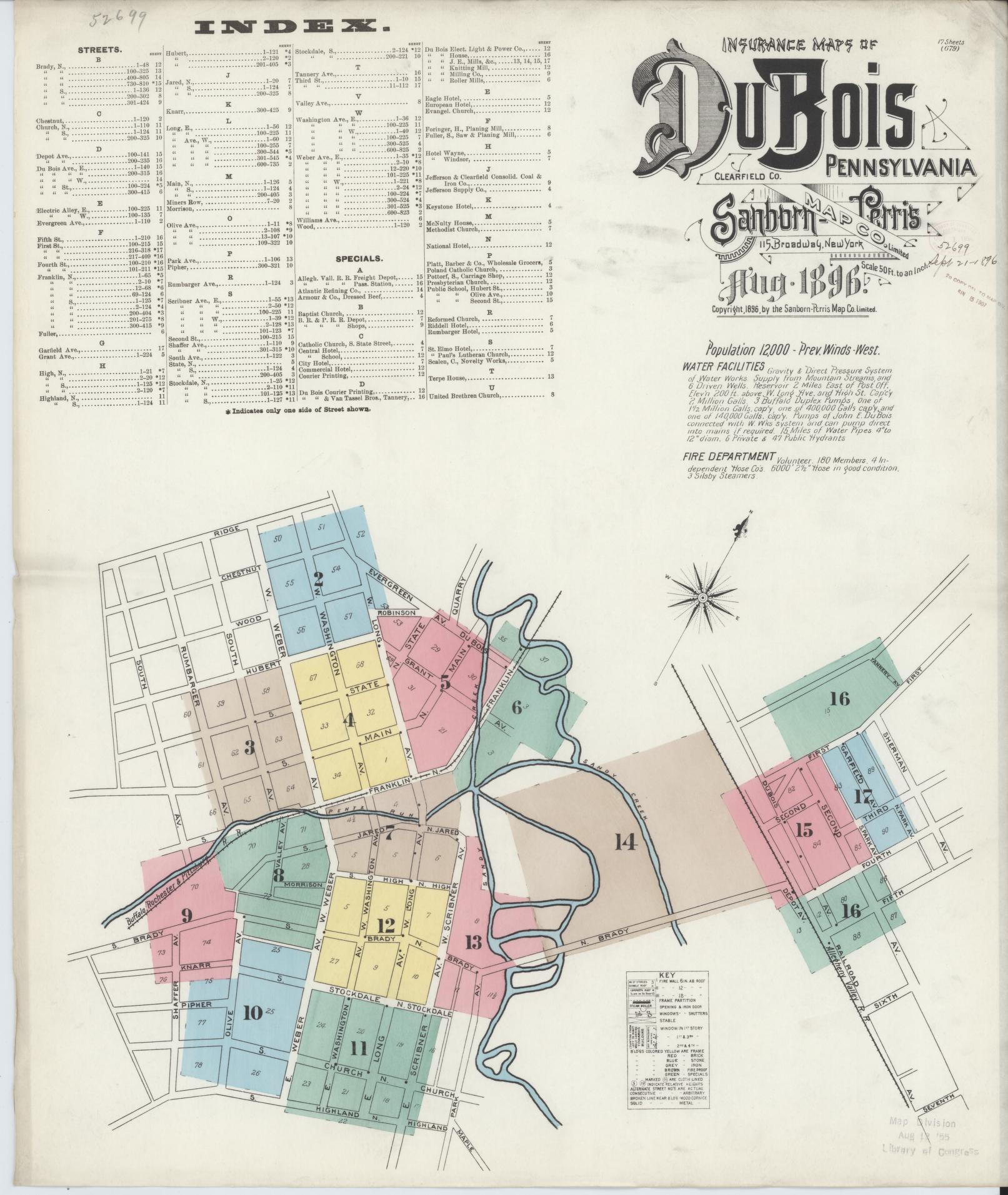 Sanborn Fire Insurance Map from Du Bois, Clearfield County, Pennsylvania (1896), Sheet #0001 - Historic Sanborn Fire Insurance Map Print, vintage old map wall art, antique decor, genealogy gift, Pennsylvania Pennsylvania map