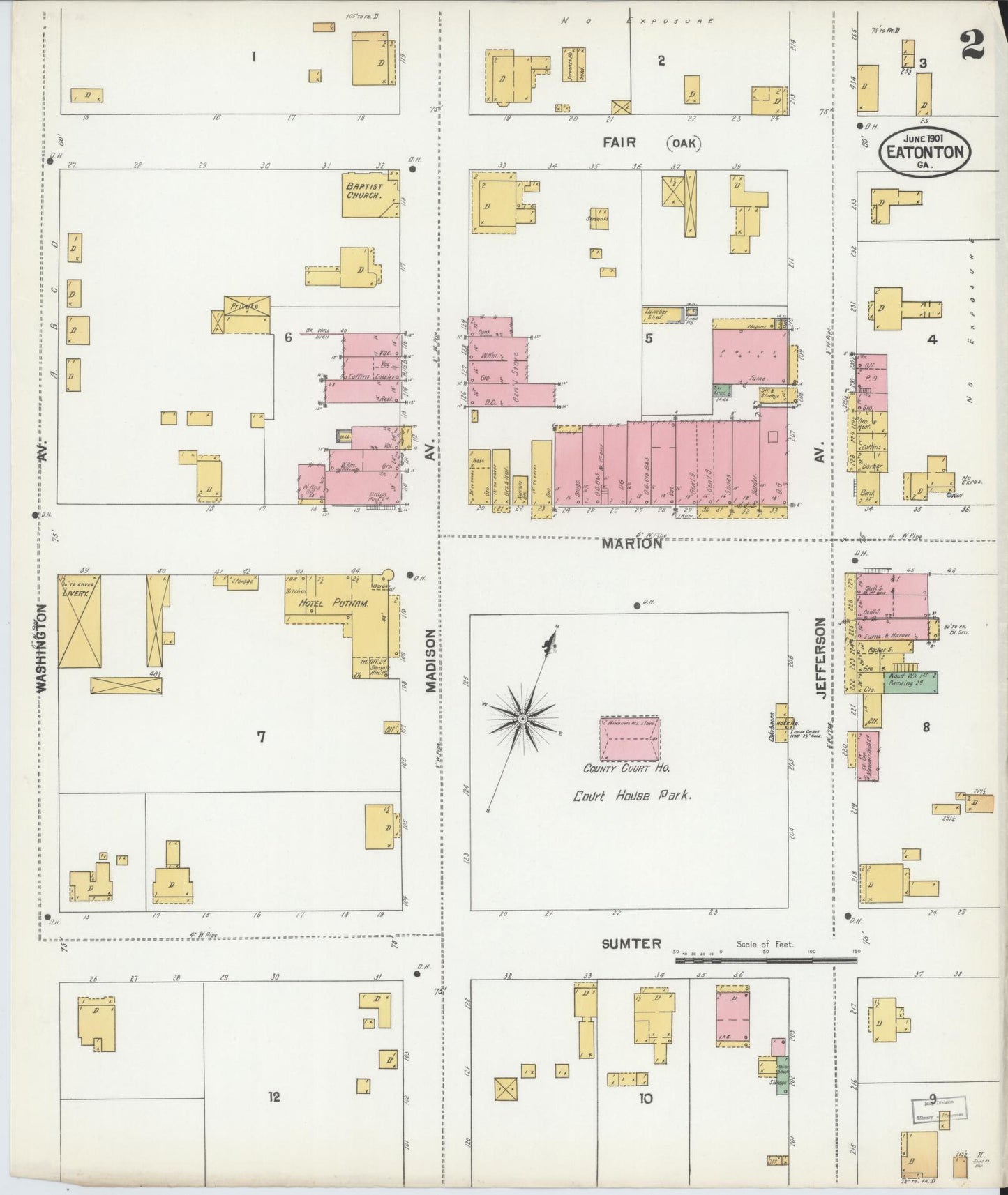 Sanborn Fire Insurance Map from Eatonton, Putnam County, Georgia (1901), Sheet #0002 - Historic Sanborn Fire Insurance Map Print, vintage old map wall art, antique decor, genealogy gift, Georgia Georgia map