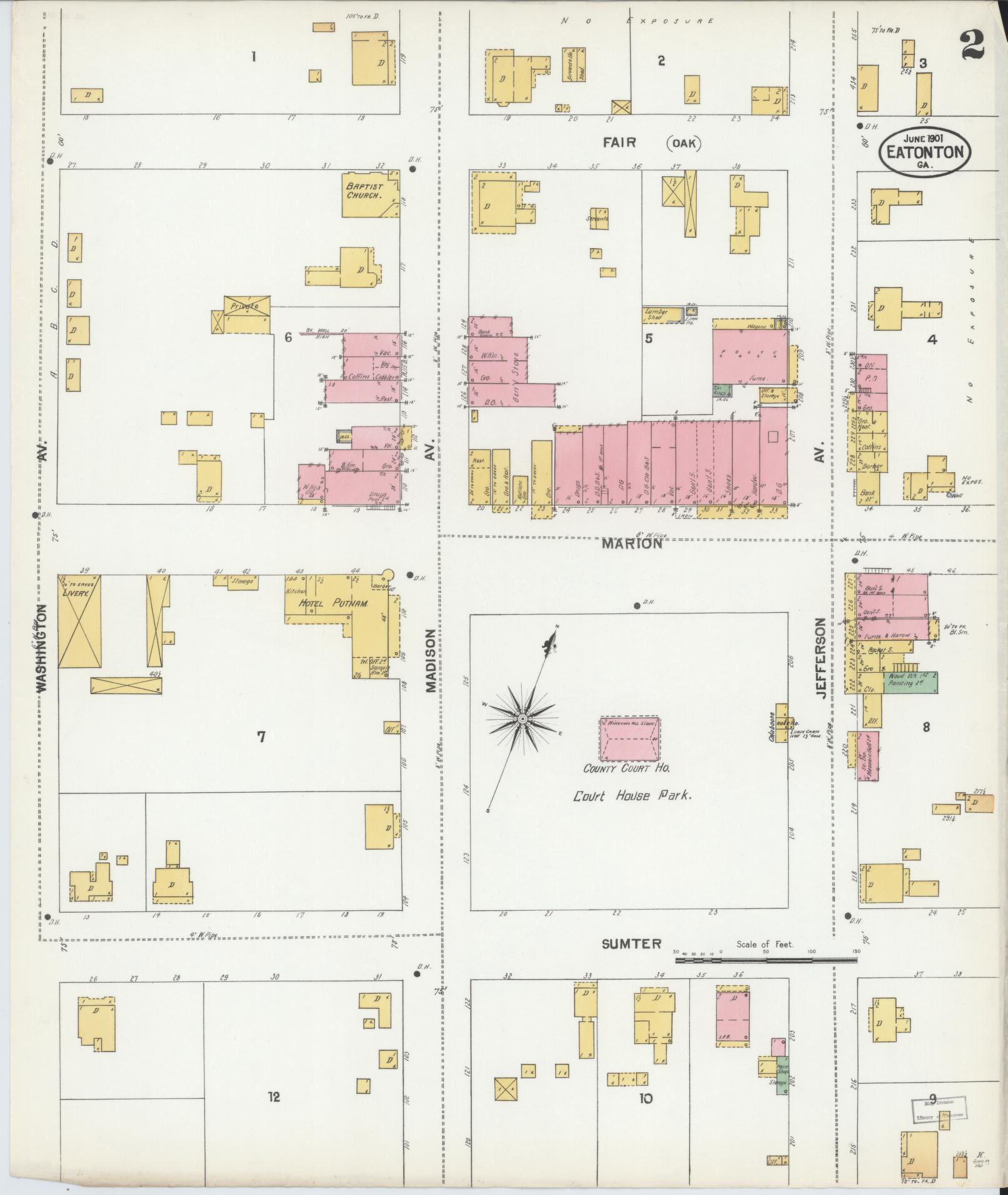 Sanborn Fire Insurance Map from Eatonton, Putnam County, Georgia (1901), Sheet #0002 - Historic Sanborn Fire Insurance Map Print, vintage old map wall art, antique decor, genealogy gift, Georgia Georgia map