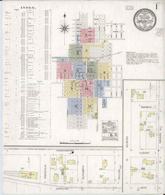Sanborn Fire Insurance Map from Carson City, Carson City County, Nevada (1907), Sheet #0001 - Historic Sanborn Fire Insurance Map Print, vintage old map wall art, antique decor, genealogy gift, Nevada Nevada map
