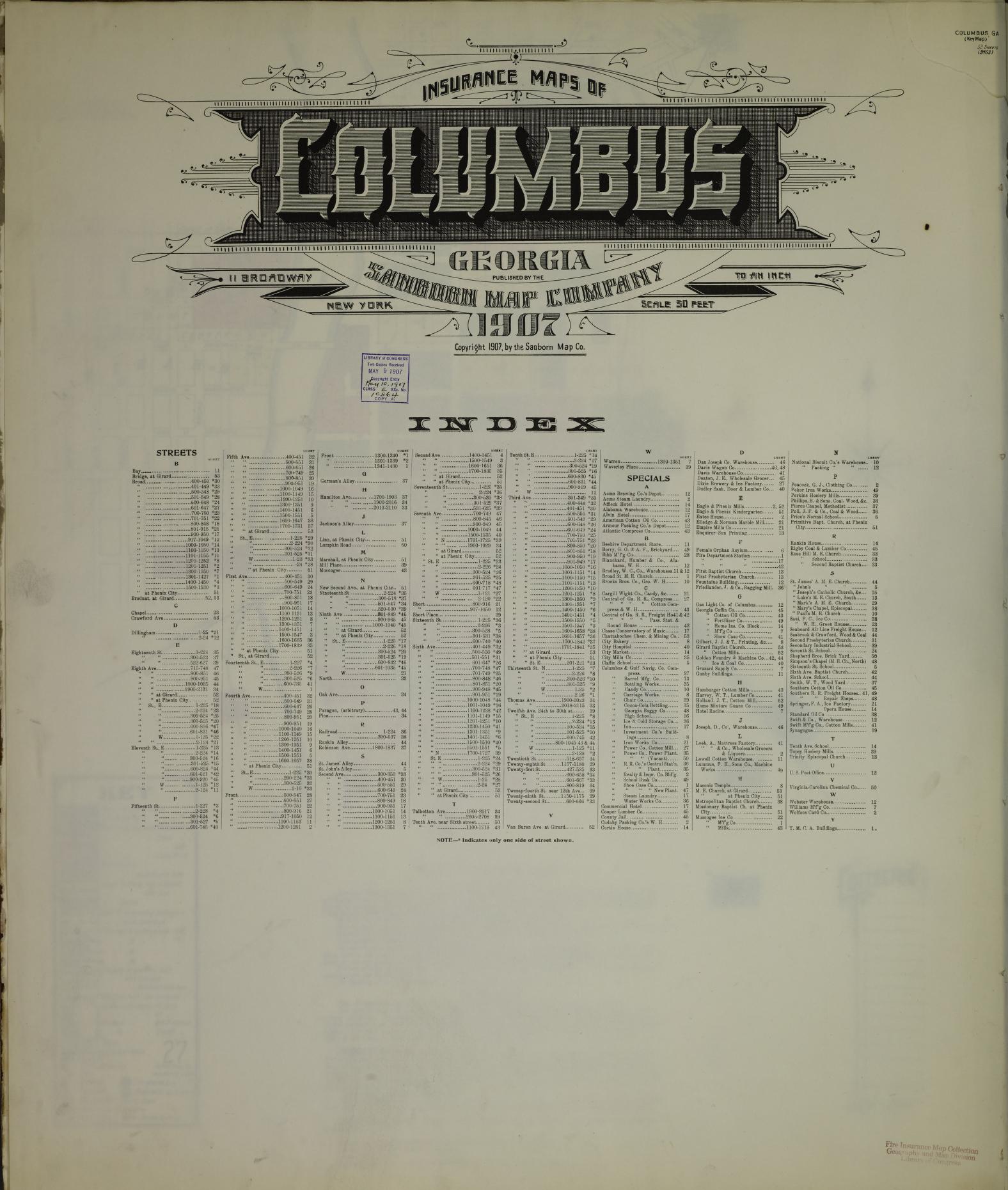 Sanborn Fire Insurance Map from Columbus, Muscogee County, Georgia (1907), Sheet #0001 - Historic Sanborn Fire Insurance Map Print, vintage old map wall art, antique decor, genealogy gift, Georgia Georgia map