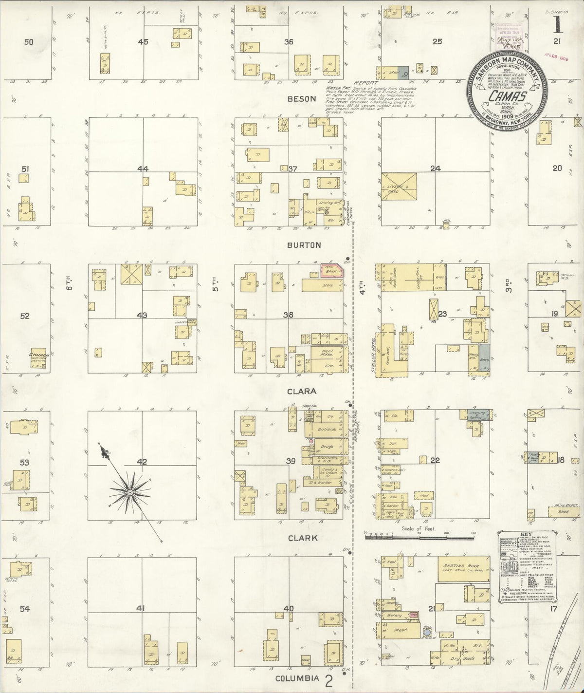 Sanborn Fire Insurance Map from Camas, Clark County, Washington (1909), Sheet #0001 - Historic Sanborn Fire Insurance Map Print, vintage old map wall art, antique decor, genealogy gift, Washington Washington map