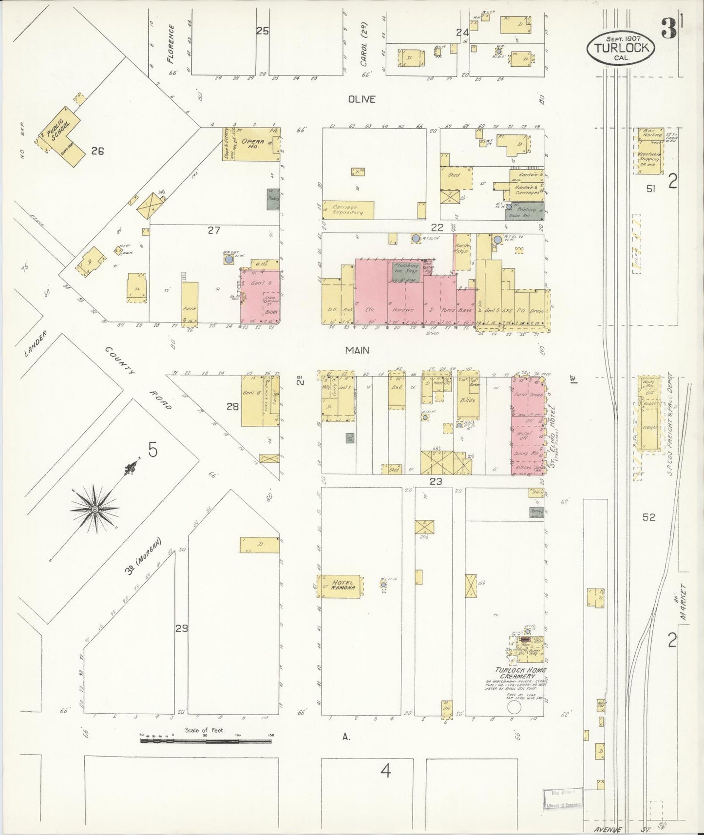 Sanborn Fire Insurance Map from Turlock, Stanislaus County, California (1907), Sheet #0003 - Complete Map Set gallery image, historic Sanborn map, vintage wall art, California California
