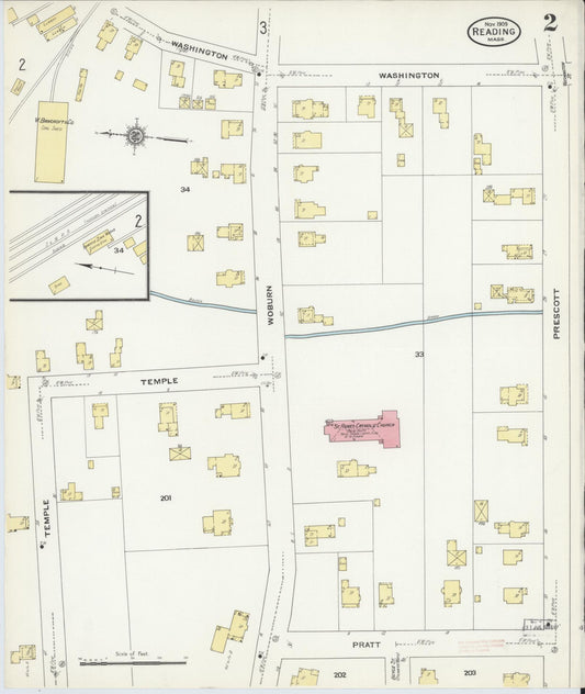 Sanborn Fire Insurance Map from Reading, Middlesex County, Massachusetts (1909), Sheet #0002 - Historic Sanborn Fire Insurance Map Print, vintage old map wall art, antique decor, genealogy gift, Massachusetts Massachusetts map
