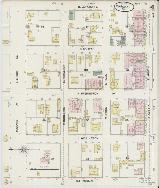 Sanborn Fire Insurance Map from Marshall, Harrison County, Texas (1889), Sheet #0004 - Historic Sanborn Fire Insurance Map Print, vintage old map wall art, antique decor, genealogy gift, Texas Texas map