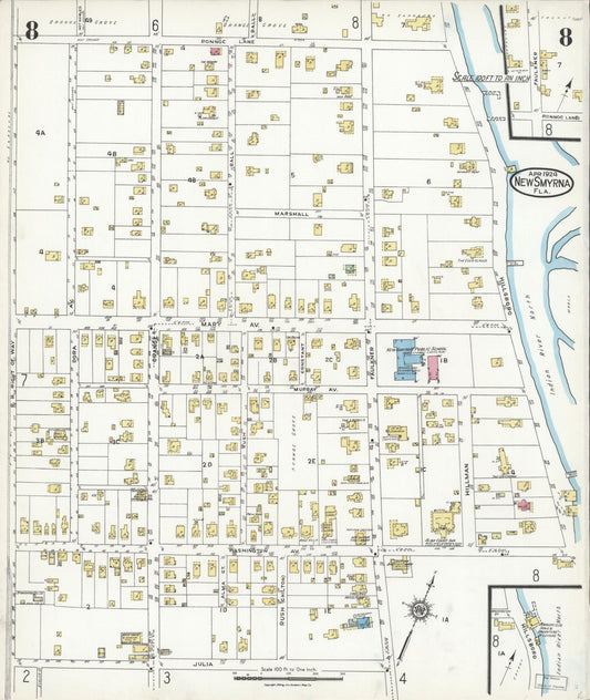Sanborn Fire Insurance Map from New Smyrna, Valusia County, Florida (1924), Sheet #0008 - Historic Sanborn Fire Insurance Map Print, vintage old map wall art, antique decor, genealogy gift, Florida Florida map