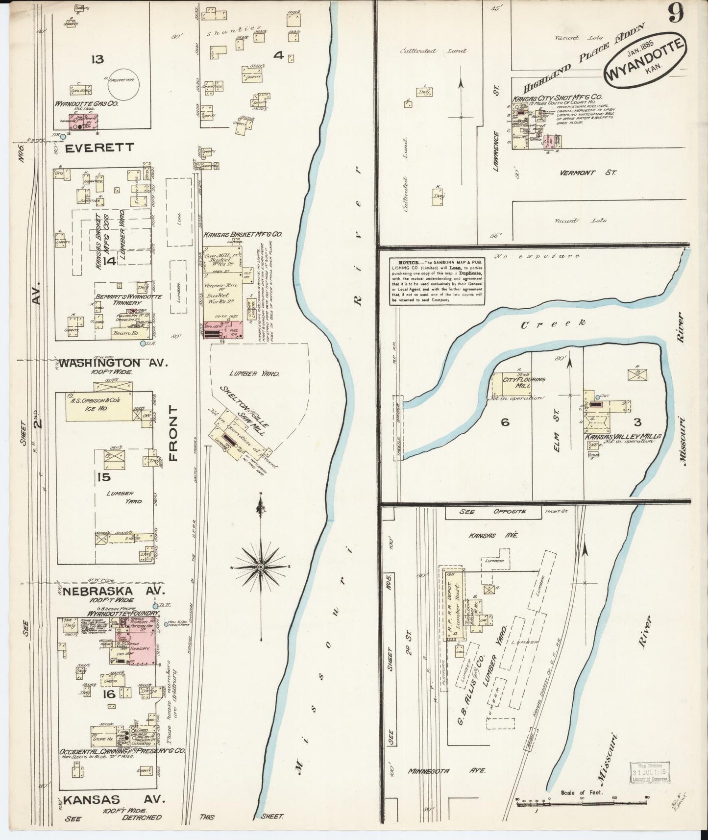 Sanborn Fire Insurance Map from Wyandotte, Wyandotte County, Kansas (1885), Sheet #0009 - Complete Map Set gallery image, historic Sanborn map, vintage wall art, Kansas Kansas