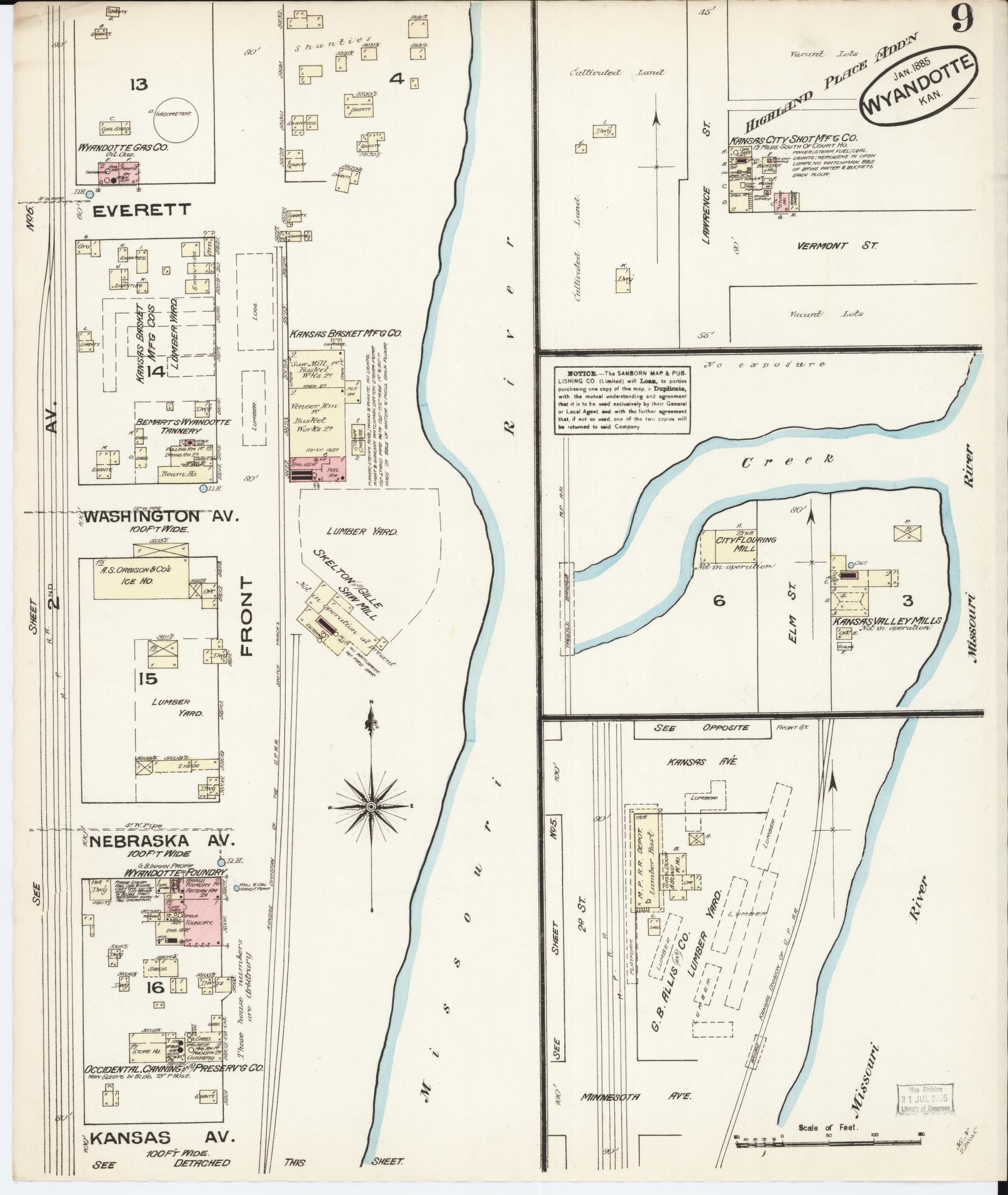 Sanborn Fire Insurance Map from Wyandotte, Wyandotte County, Kansas (1885), Sheet #0009 - Complete Map Set gallery image, historic Sanborn map, vintage wall art, Kansas Kansas