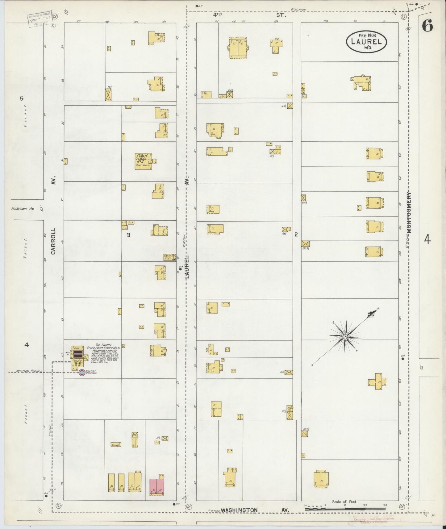 Sanborn Fire Insurance Map from Laurel, Prince Georges County, Maryland (1903), Sheet #0006 - Historic Sanborn Fire Insurance Map Print, vintage old map wall art