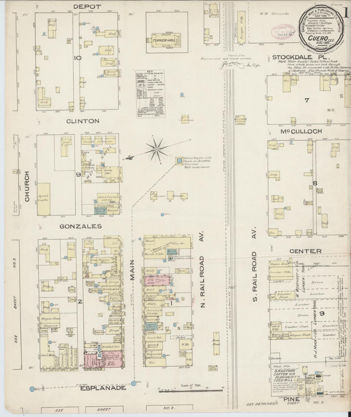 Sanborn Fire Insurance Map from Cuero, De Witt County, Texas (1885), Sheet #0001 - Historic Sanborn Fire Insurance Map Print, vintage old map wall art, antique decor, genealogy gift, Texas Texas map