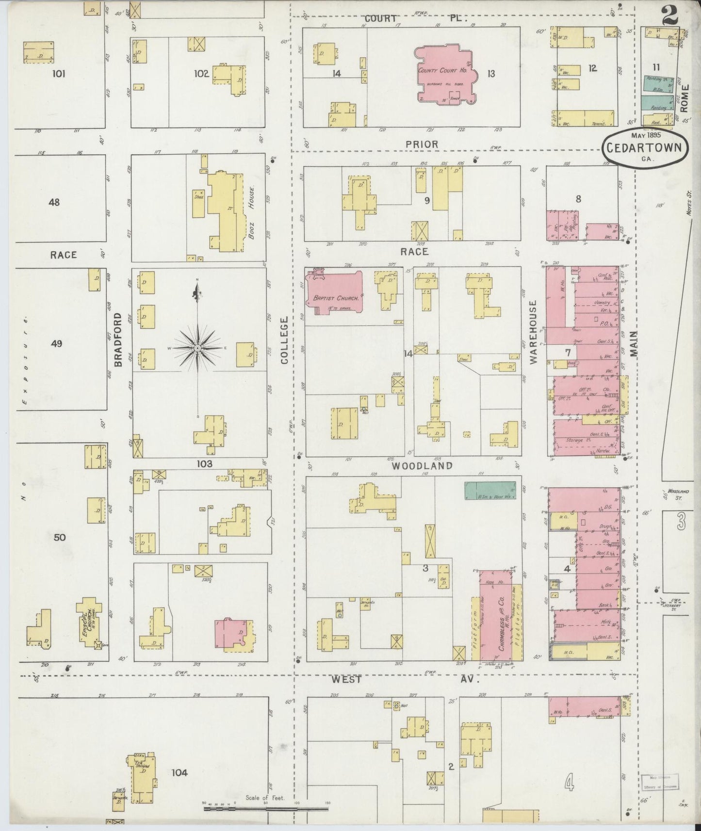 Sanborn Fire Insurance Map from Cedartown, Polk County, Georgia (1895), Sheet #0002 - Historic Sanborn Fire Insurance Map Print, vintage old map wall art, antique decor, genealogy gift, Georgia Georgia map