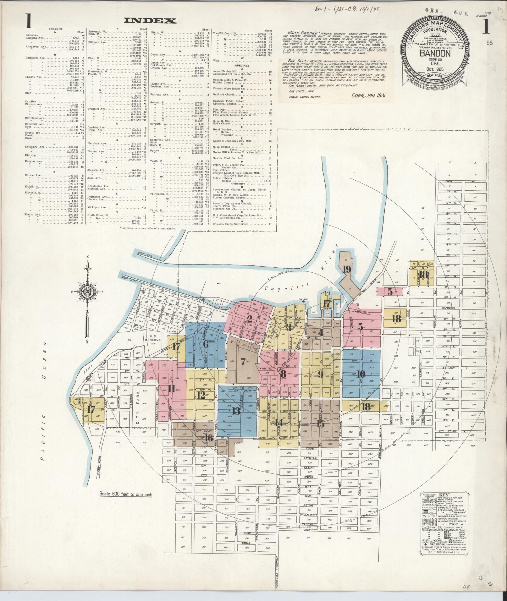 Sanborn Fire Insurance Map from Bandon, Coos County, Oregon (1931), Sheet #0001 - Complete Map Set gallery image, historic Sanborn map, vintage wall art, Oregon Oregon