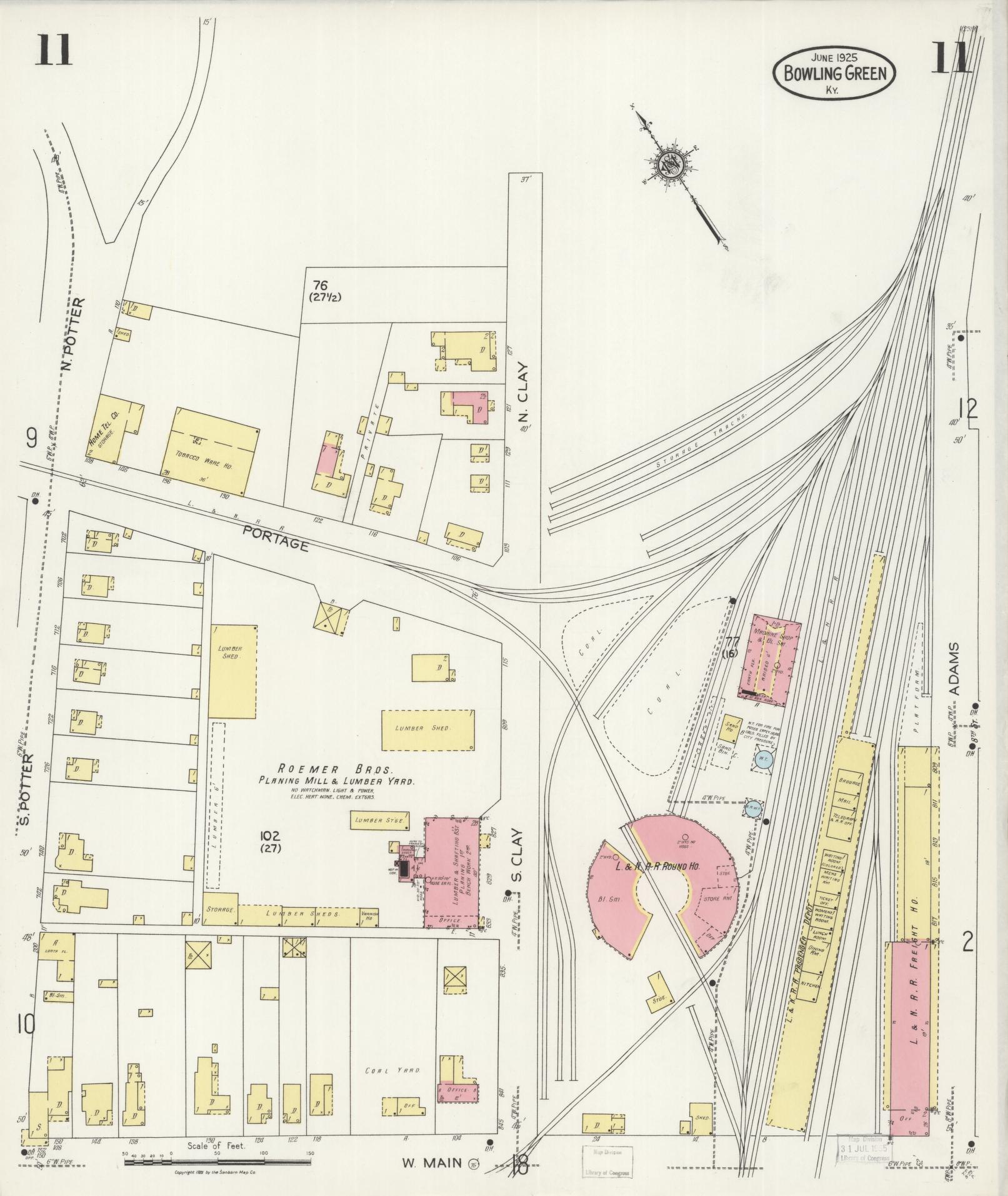 Sanborn Fire Insurance Map from Bowling Green, Warren County, Kentucky (1925), Sheet #0011 - Historic Sanborn Fire Insurance Map Print, vintage old map wall art, antique decor, genealogy gift, Kentucky Kentucky map