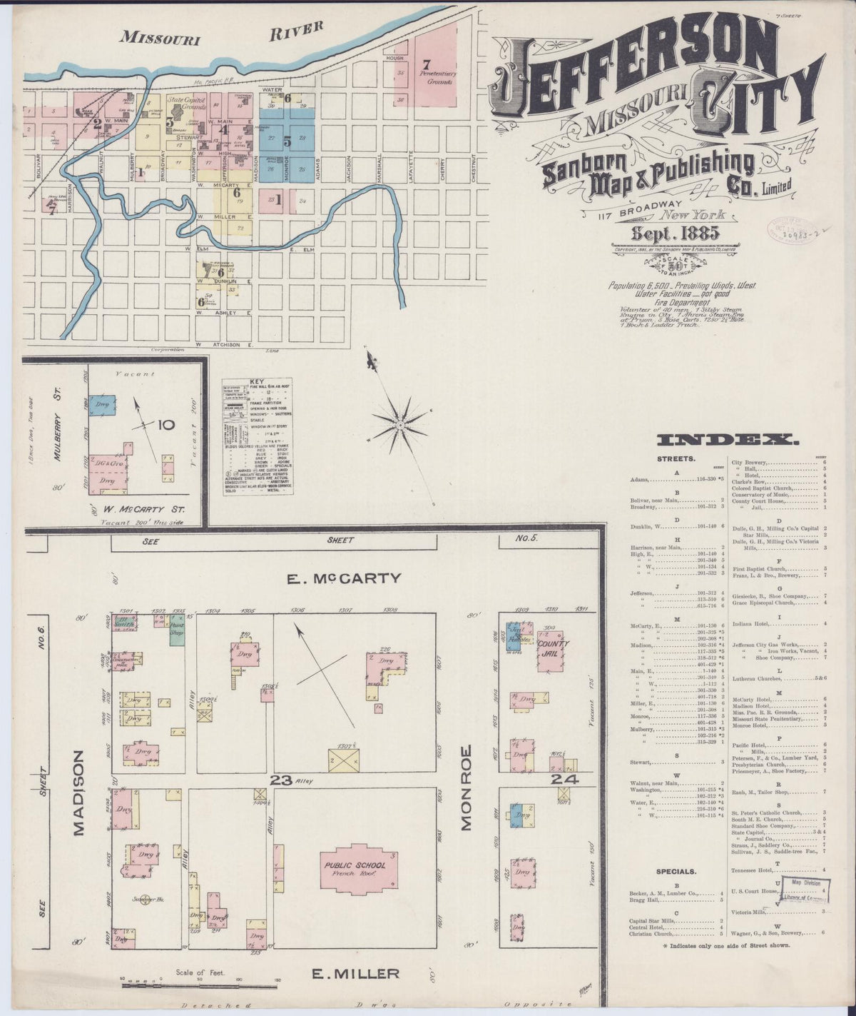 Sanborn Fire Insurance Map from Jefferson City, Cole County, Missouri (1885), Sheet #0001 - Historic Sanborn Fire Insurance Map Print, vintage old map wall art, antique decor, genealogy gift, Missouri Missouri map