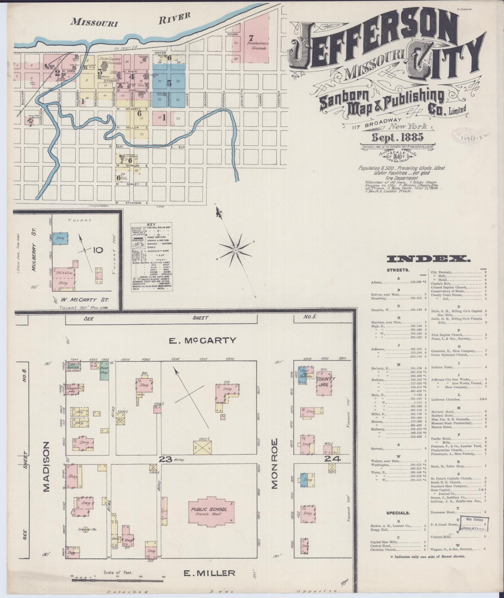 Sanborn Fire Insurance Map from Jefferson City, Cole County, Missouri (1885), Sheet #0001 - Historic Sanborn Fire Insurance Map Print, vintage old map wall art, antique decor, genealogy gift, Missouri Missouri map