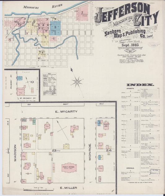 Sanborn Fire Insurance Map from Jefferson City, Cole County, Missouri (1885), Sheet #0001 - Historic Sanborn Fire Insurance Map Print, vintage old map wall art, antique decor, genealogy gift, Missouri Missouri map