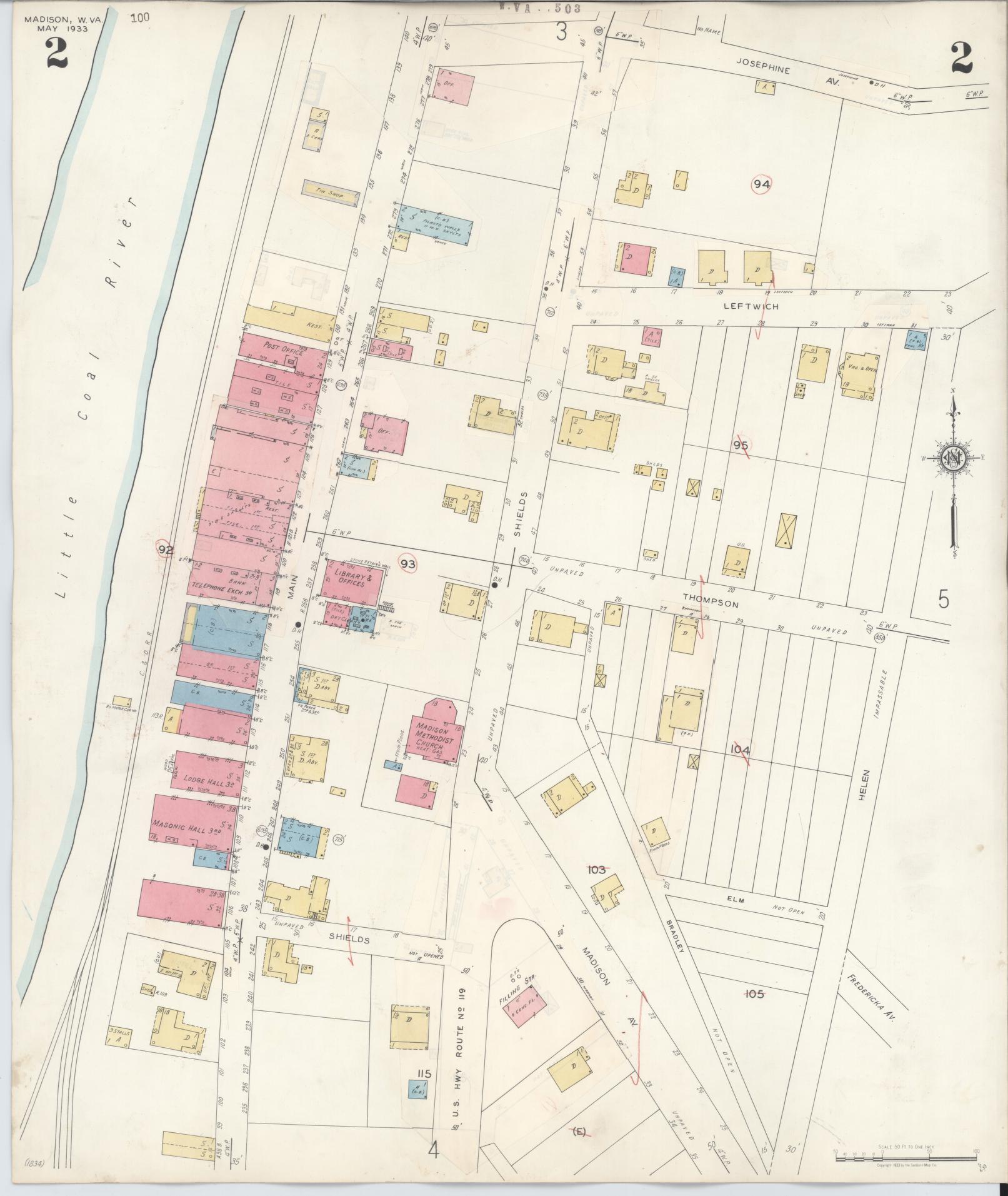 Sanborn Fire Insurance Map from Madison, Boone County, West Virginia (1943), Sheet #0002 - Historic Sanborn Fire Insurance Map Print, vintage old map wall art, antique decor, genealogy gift, West Virginia West Virginia map
