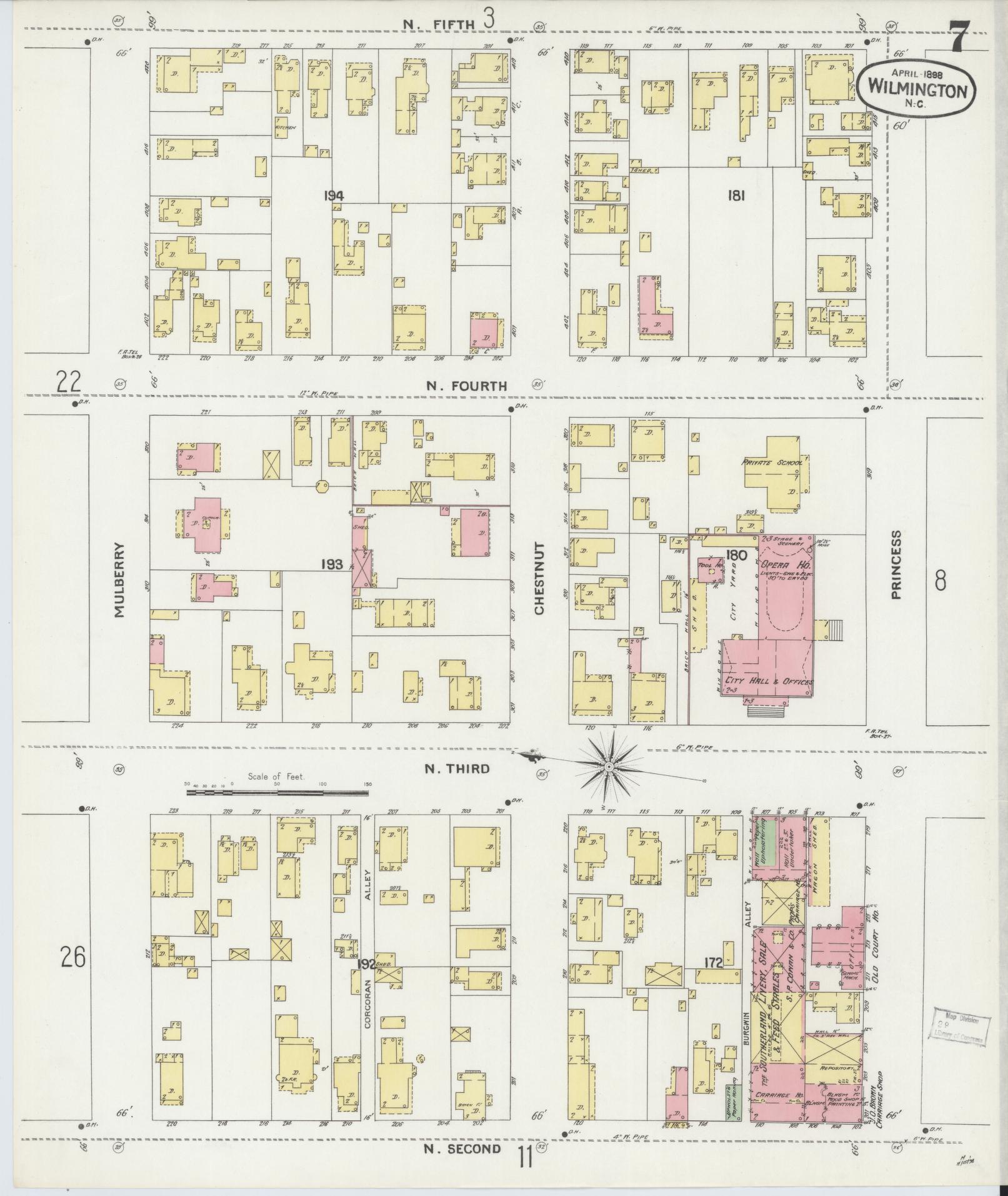 Sanborn Fire Insurance Map from Wilmington, New Hanover County, North Carolina (1898), Sheet #0007 - Historic Sanborn Fire Insurance Map Print, vintage old map wall art, antique decor, genealogy gift, North Carolina North Carolina map